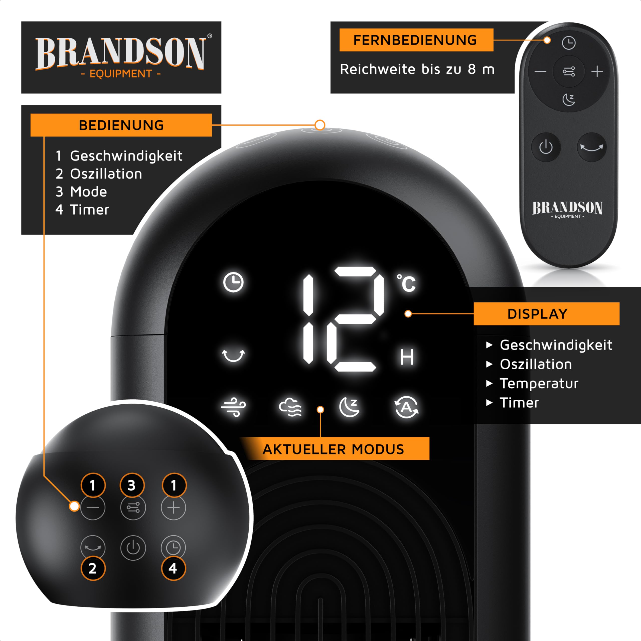 Brandson - DC Turmventilator Eco Design – sehr leise - mit DC Motor – Sieger Ventilatoren und Luftkühler 2026-12 Geschwindigkeiten – 4 Modi normal Natur Schlaf Auto – Oszillation – Fernbedienung