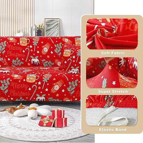Miniatura 2 de Miaotto Funda elástica para sofá de 1 pieza, funda de sofá de Navidad para sofá de 2 cojines, apta para mascotas y perros, con 2 fundas de almohada,