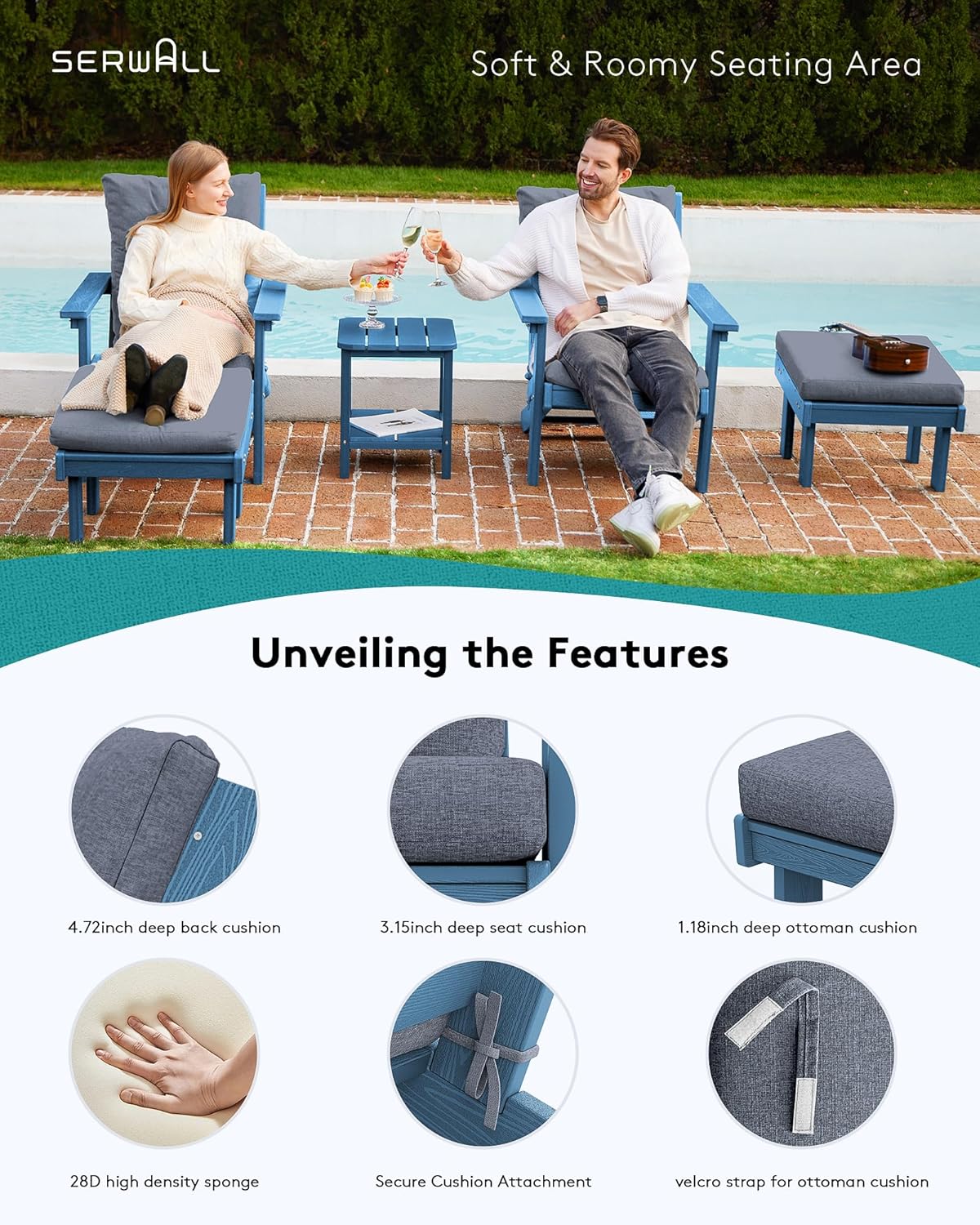 SERWALL Adirondack Chair with Cushion and Ottoman -All Weather HDPE Outdoor Adirondack Chair Set, Durable Adirondack Patio Chairs for Garden, Deck, or Poolside- Blue