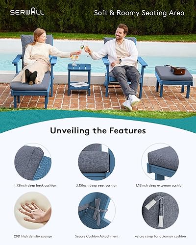 Miniatura 5 de SERWALL Silla Adirondack con cojín y otomana, juego de sillas Adirondack de polietileno de alta densidad para todo tipo de clima, sillas Adirondack
