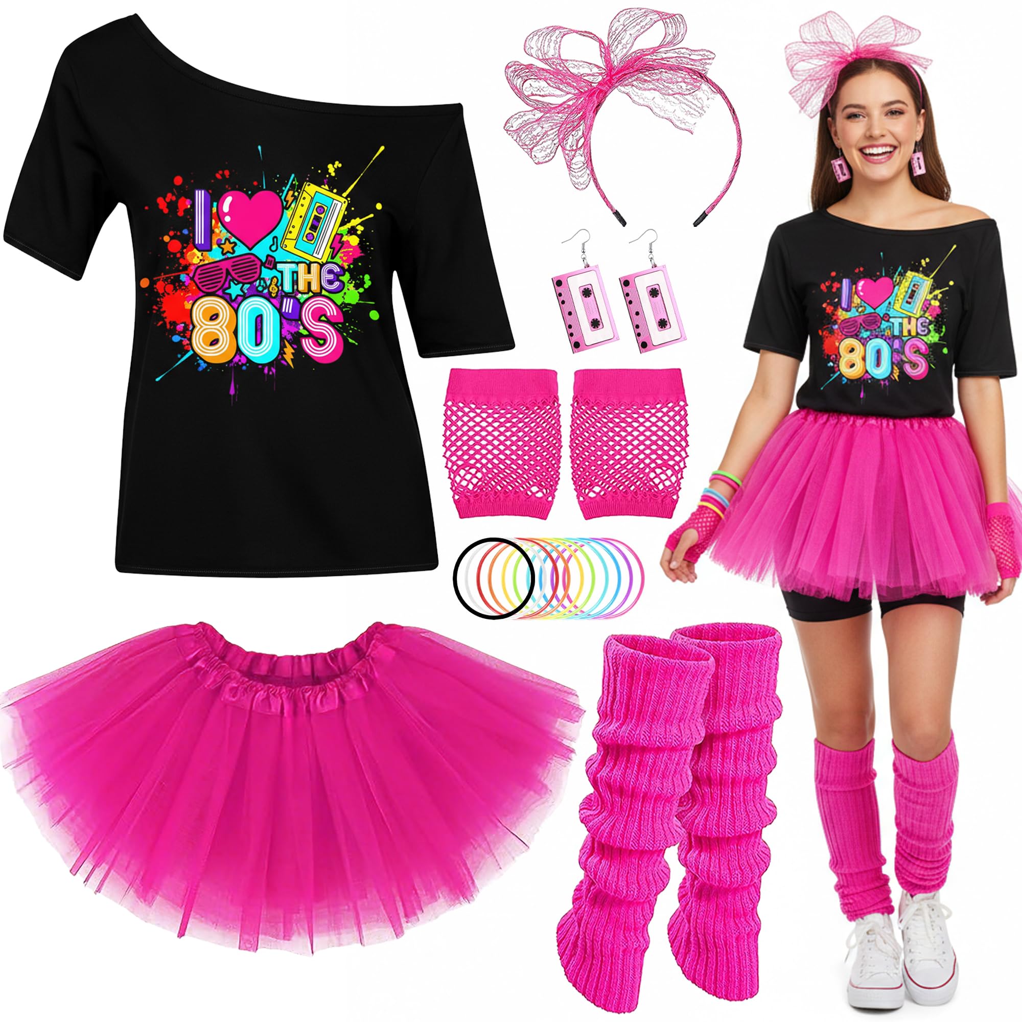 Soireeparty 80s Fancy Dress Costume for Women - Neon Retro Outfit with Tutu Skirt Fishnet Gloves and Accessories, Pink 1980s Fancy Dress Women Outfits Hen Disco Party (XL)