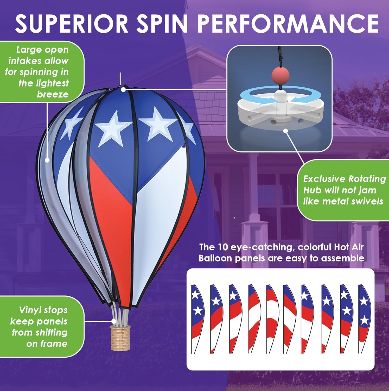 Hot Air Balloon Hanging Garden Spinner 26" - Vibrant Patriotic Design, Weather-Resistant Outdoor Decor, Durable & Lightweight for Patios, Yards, and Gardens - Eye-Catching Wind Spinner