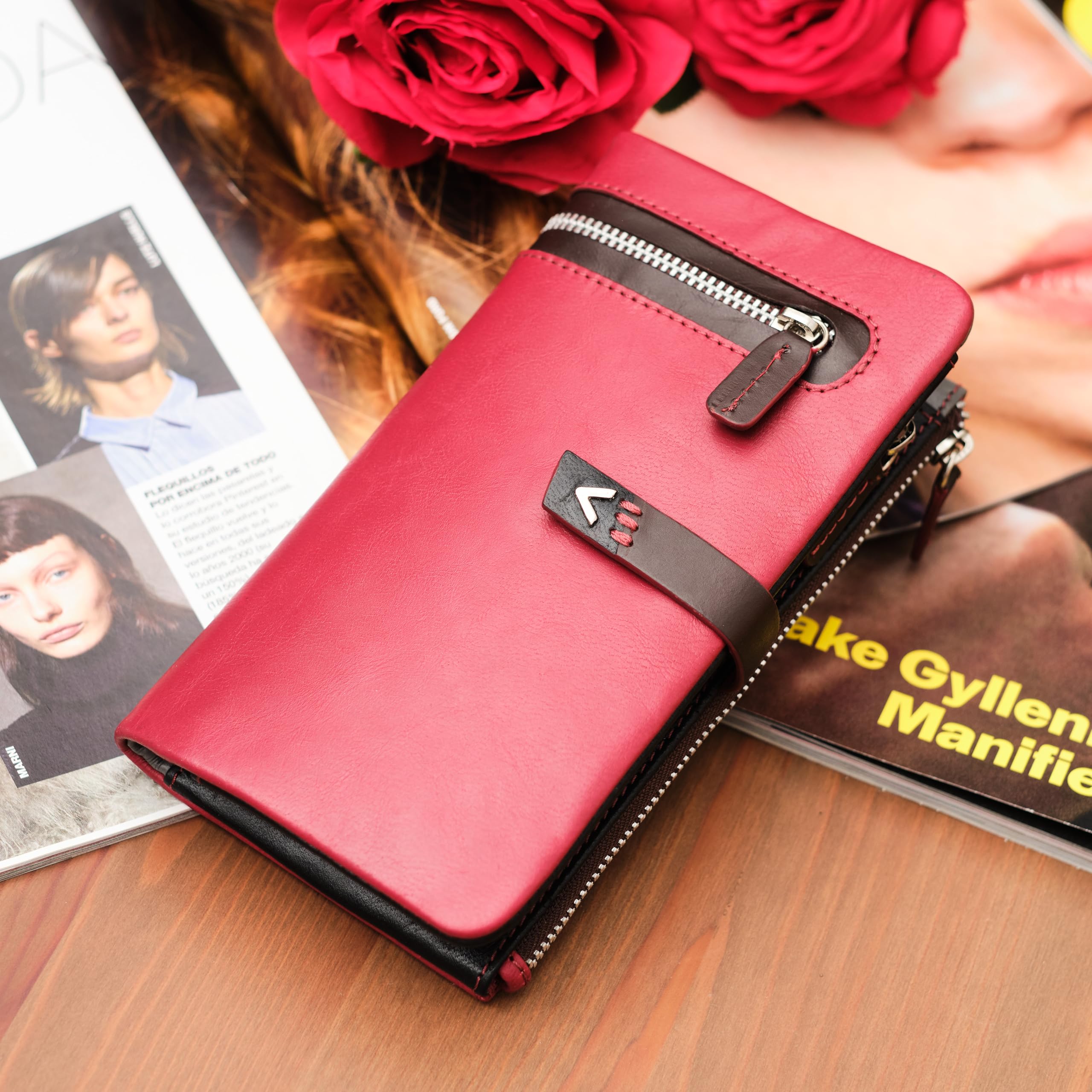 Portafoglio Donna Pelle Vera - Portamonete RFID Fatto a mano - Porta Tessere Firmato Rosso - Regalo Perfetto.