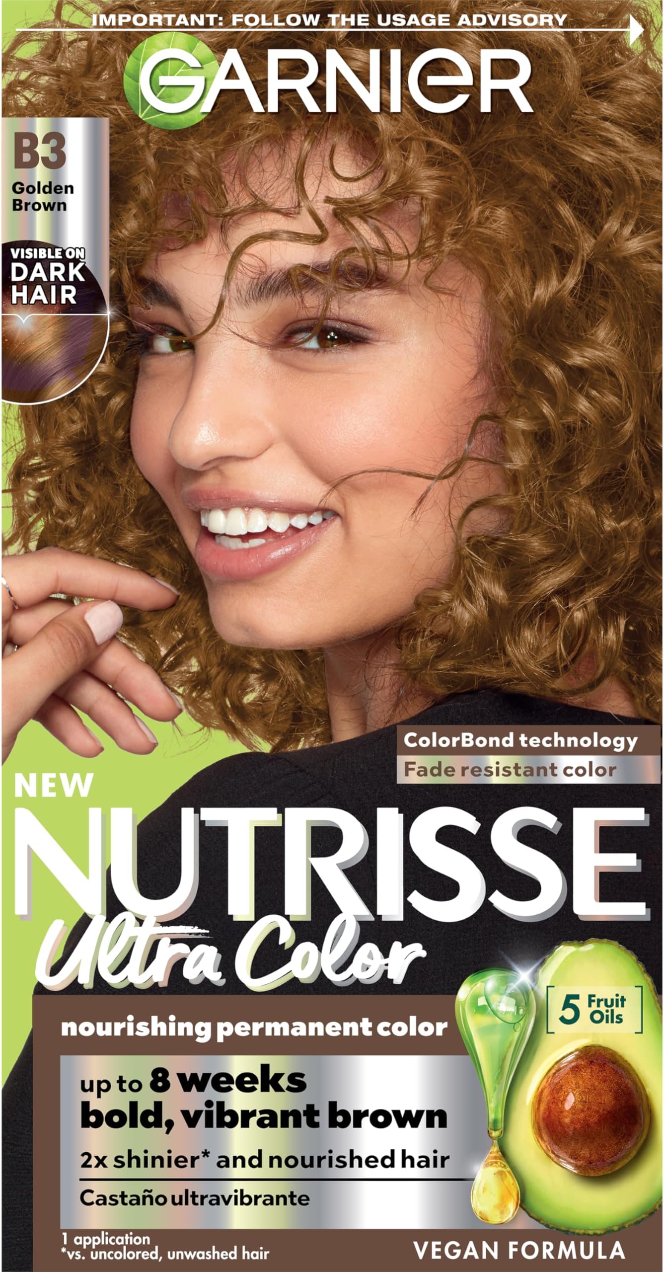 Garnier Hair Color Nutrisse Ultra Color Nourishing Creme, B3 Golden Brown (Spiced Rum) Permanent Hair Dye, 1 Count (Packaging May Vary)