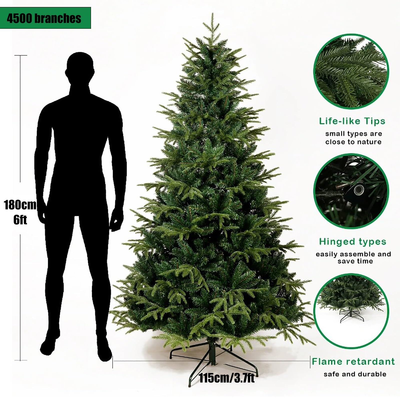 Árbol de Navidad Artificial Grande, Abeto Navideño Premium con Bisagras y Patas de Metal Sólido, Decoración Navideña de Interior y Exterior(180cm/6ft)