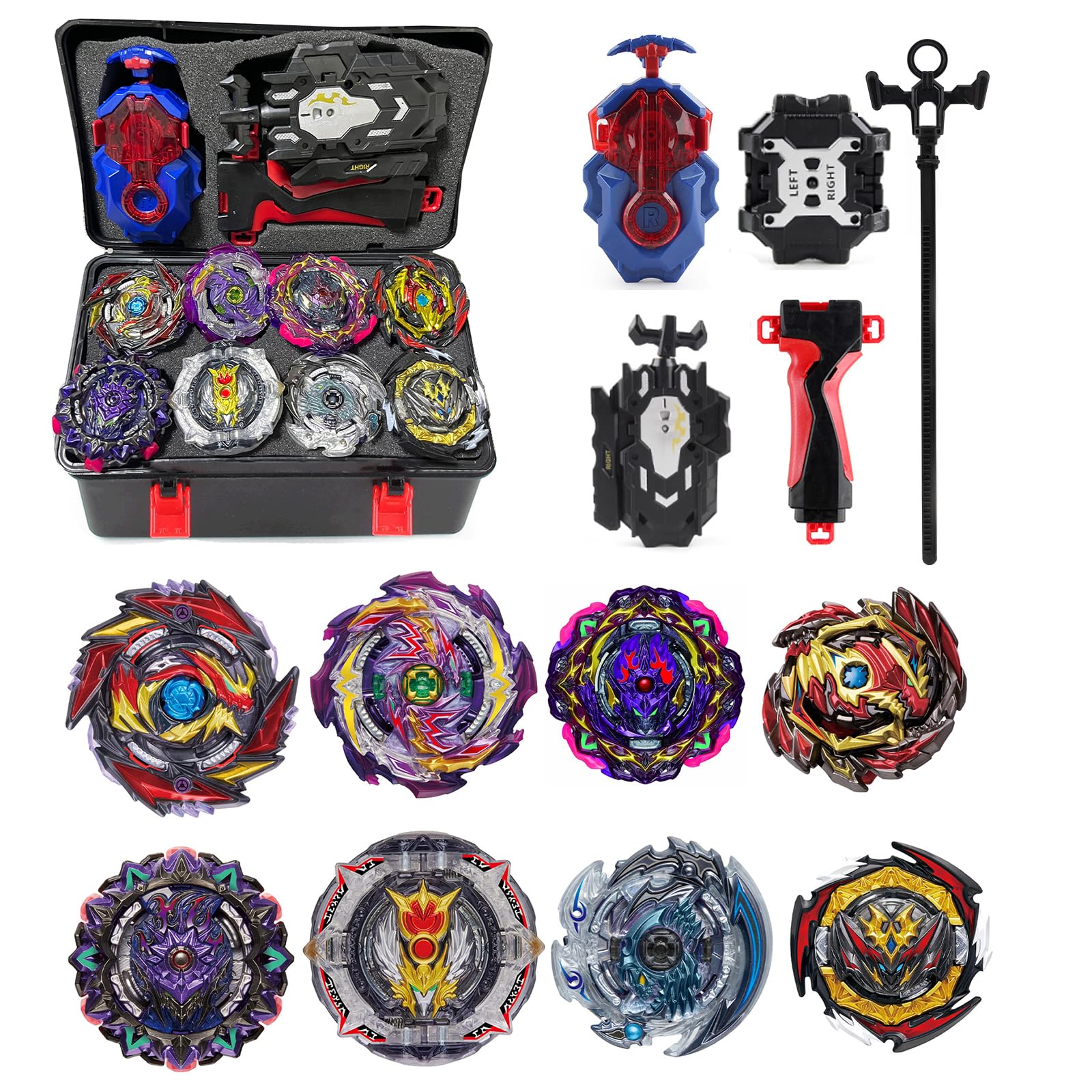 8pcs Peonzas Turbo Punta Giratoria Juego de Regalo 4D con Giroscopio y Lanzador，Black