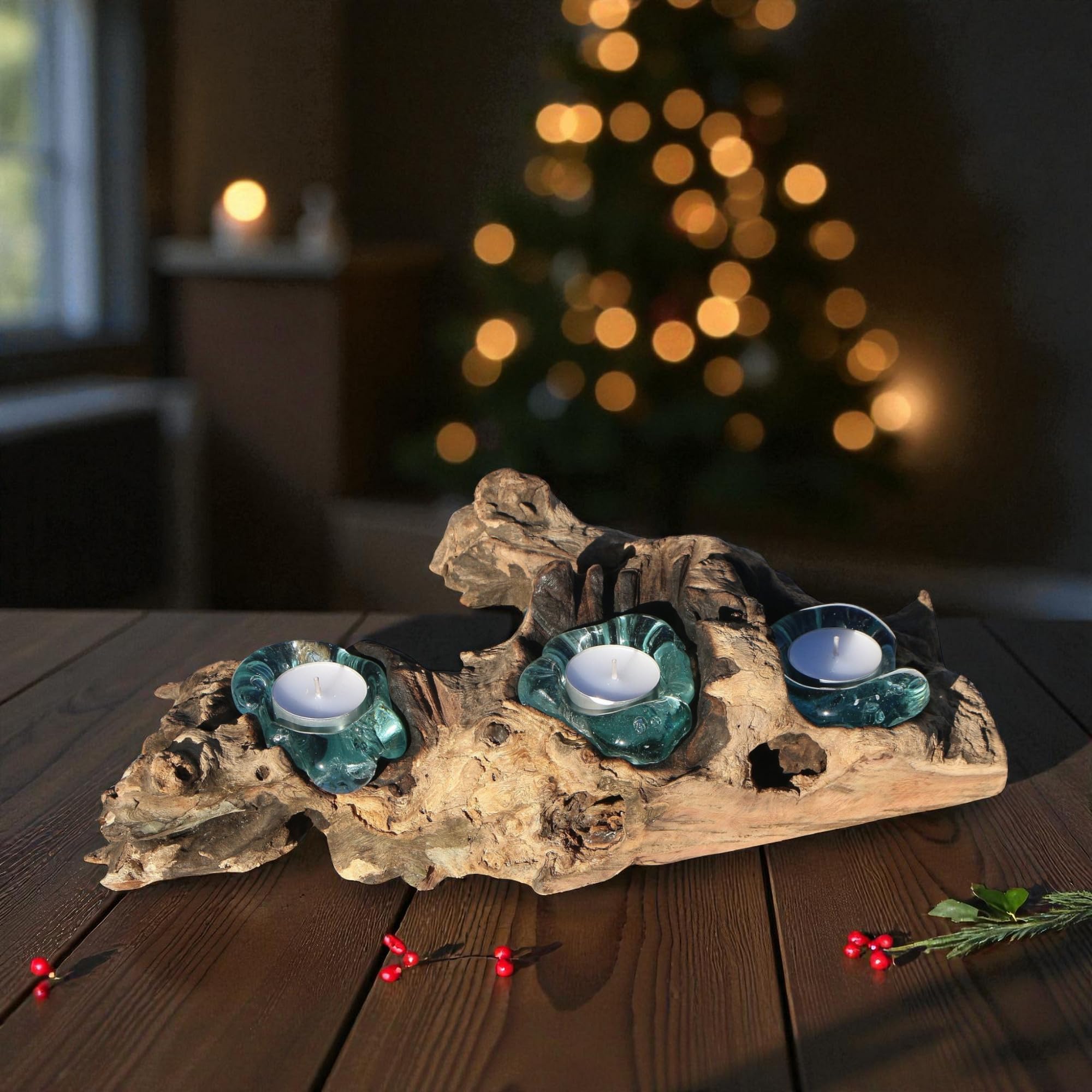 3er Teelichthalter - Handarbeit aus Wurzel Holz als Geschenkidee zur Deko Glas Teelicht 3 L
