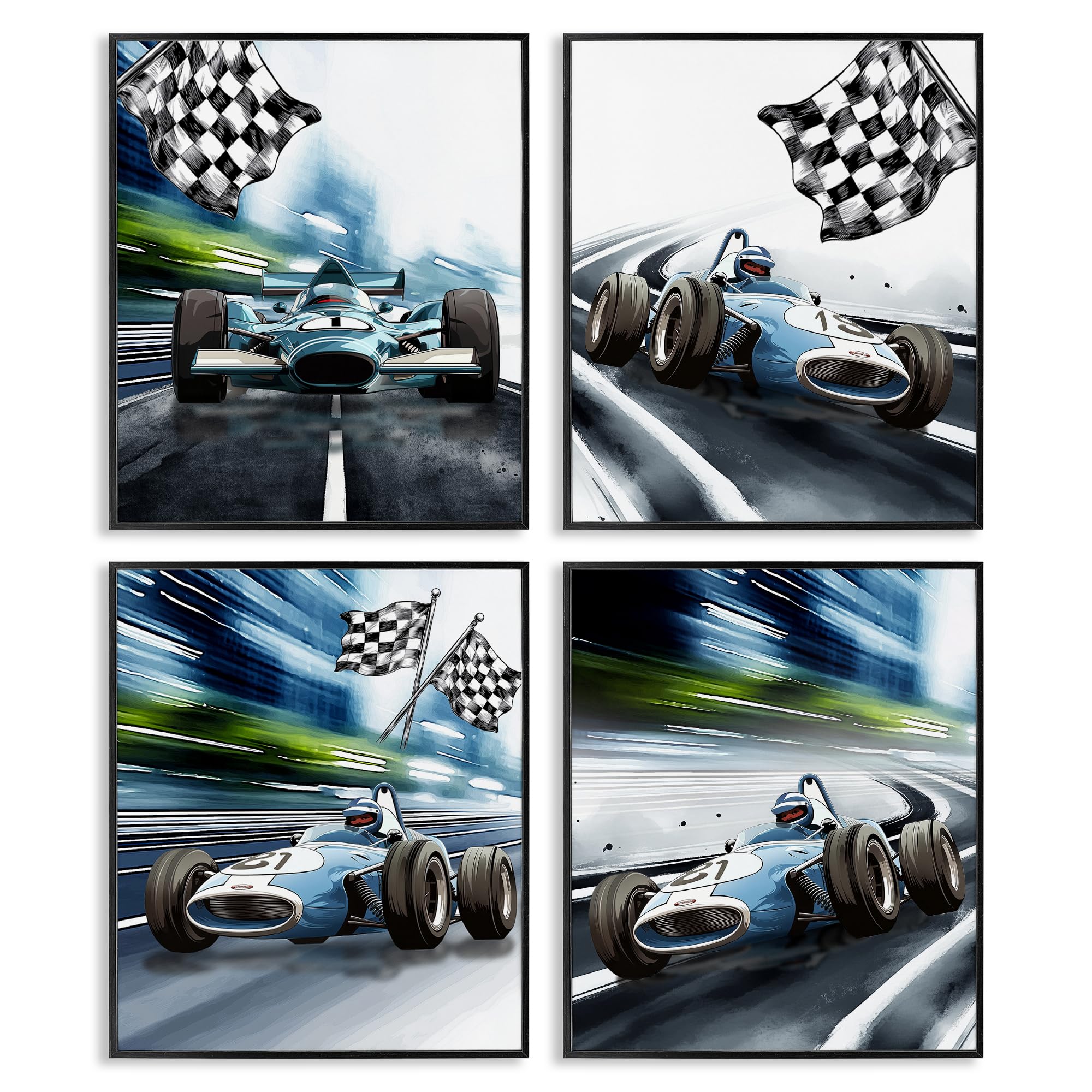 Stupell Industries 'Ready Set Racecars', 4pc Framed Giclee Set, Black, 11 x 14 Inches, Easy to Hang and Sturdy, Made in USA, by Christine Simpson Art