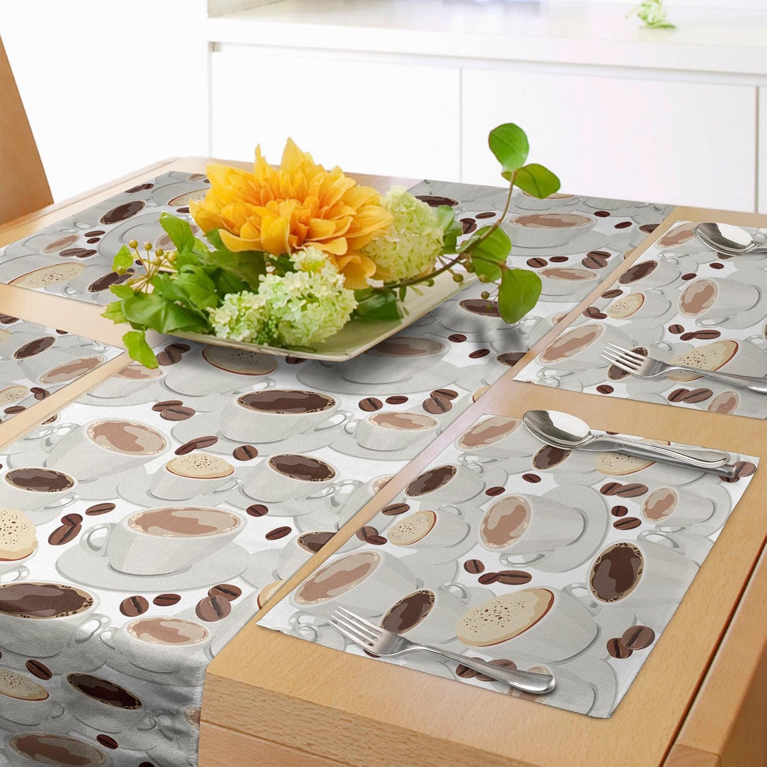 Lunarable Coffee Table Runner & Placemats, Cups of Coffee Pattern with Beans Espresso and Cappuccino Drinks Illustration, Set for Dining Table Decor, Placemat 4 pcs + Runner 16"x72", Brown Beige White