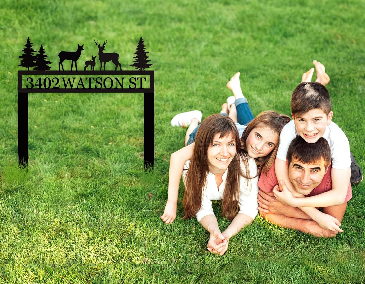 Personalized Metal Address Sign - Yard Display with Pine Trees, House Number Plaque and Stakes