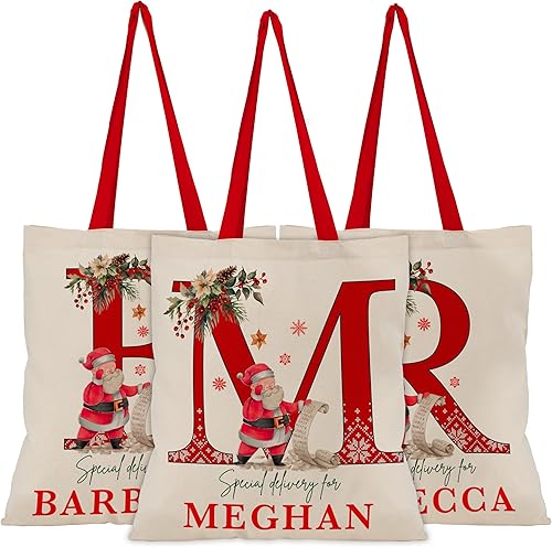 Bolsa de regalo personalizada con inicial de Navidad con asa roja, bolsa de vacaciones personalizada, bolsas monagramadas para regalos de Navidad,