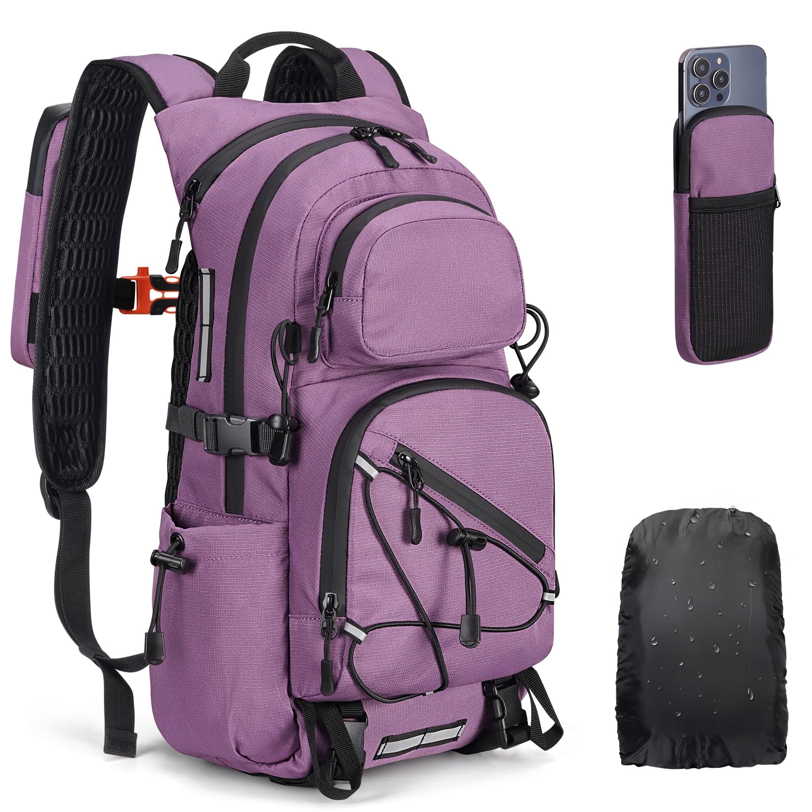 Plecak trekkingowy dla mężczyzn i kobiet, 25 l, mały plecak, lekki plecak podróżny z uchwytem na telefon, plecak trekkingowy z paskami odblaskowymi, na kemping, wędrówki, fioletowy, duży