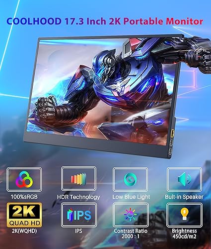Miniatura 3 de Monitor portátil 2K de 17.3 pulgadas, monitor portátil ultra delgado y ligero, pantalla externa WQHD 1440P con altavoces duales y segunda pantalla