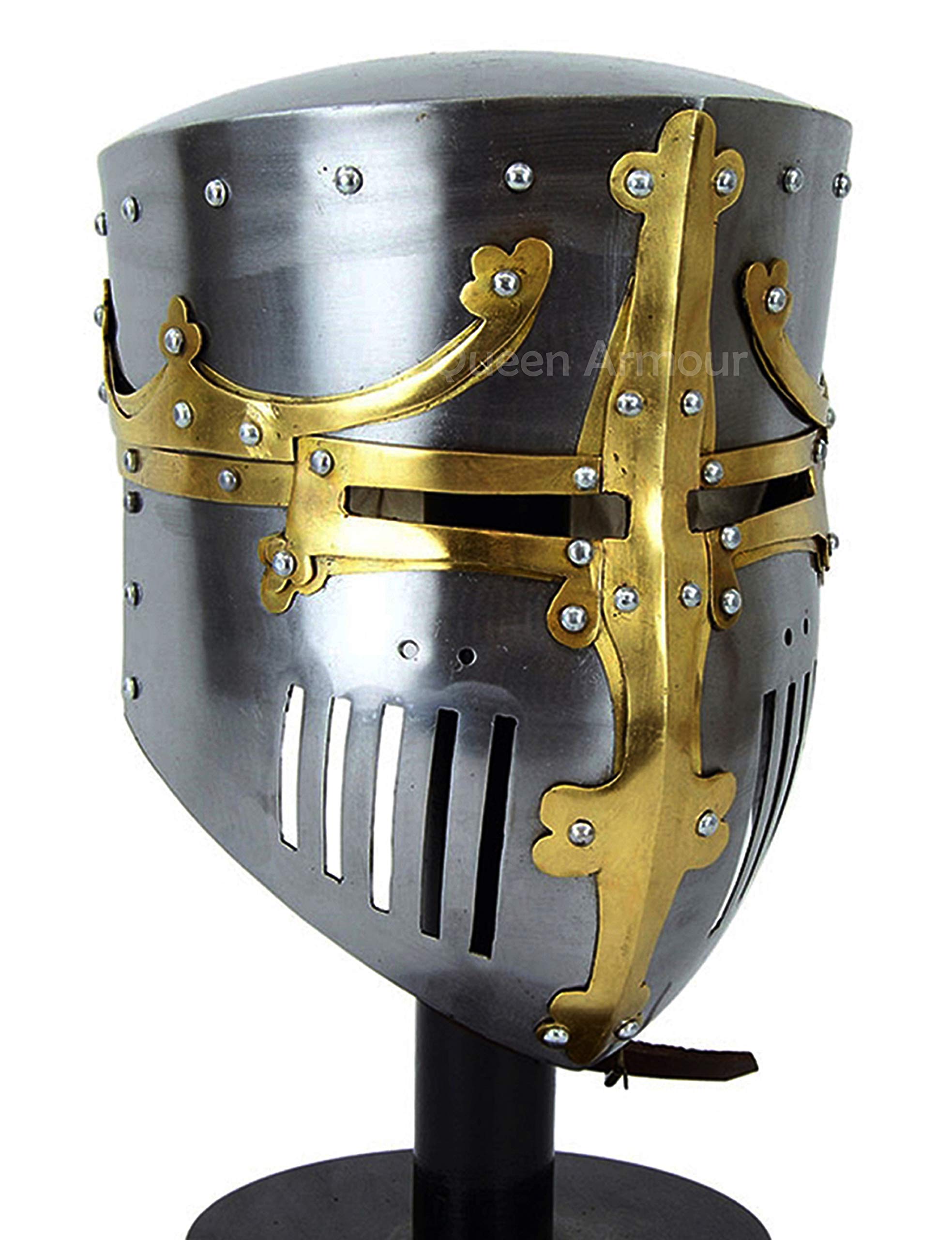 Queen Armour Medieval 13th Century Great Pot Helmet with Brass Crown and Cross Silver