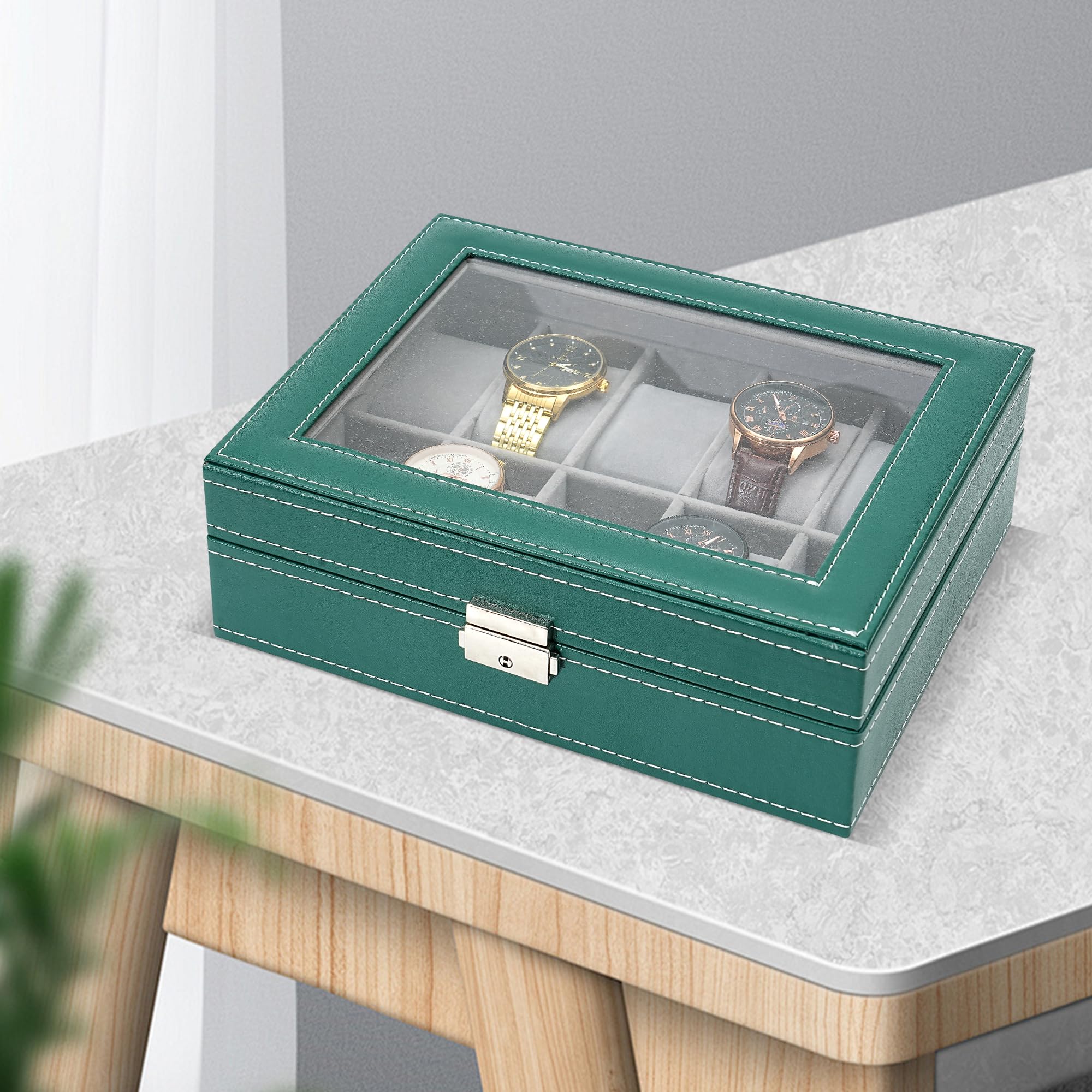 TRIXES Scatola per orologi in ecopelle verde con 10 scomparti – organizer per orologi con finestra in vetro – scatola con cuscini rimovibili