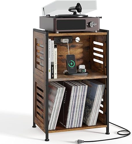 Y&M Soporte para tocadiscos, soporte de vinilo con estación de carga y puerto USB, mesa de exhibición de discos con gabinete de almacenamiento,