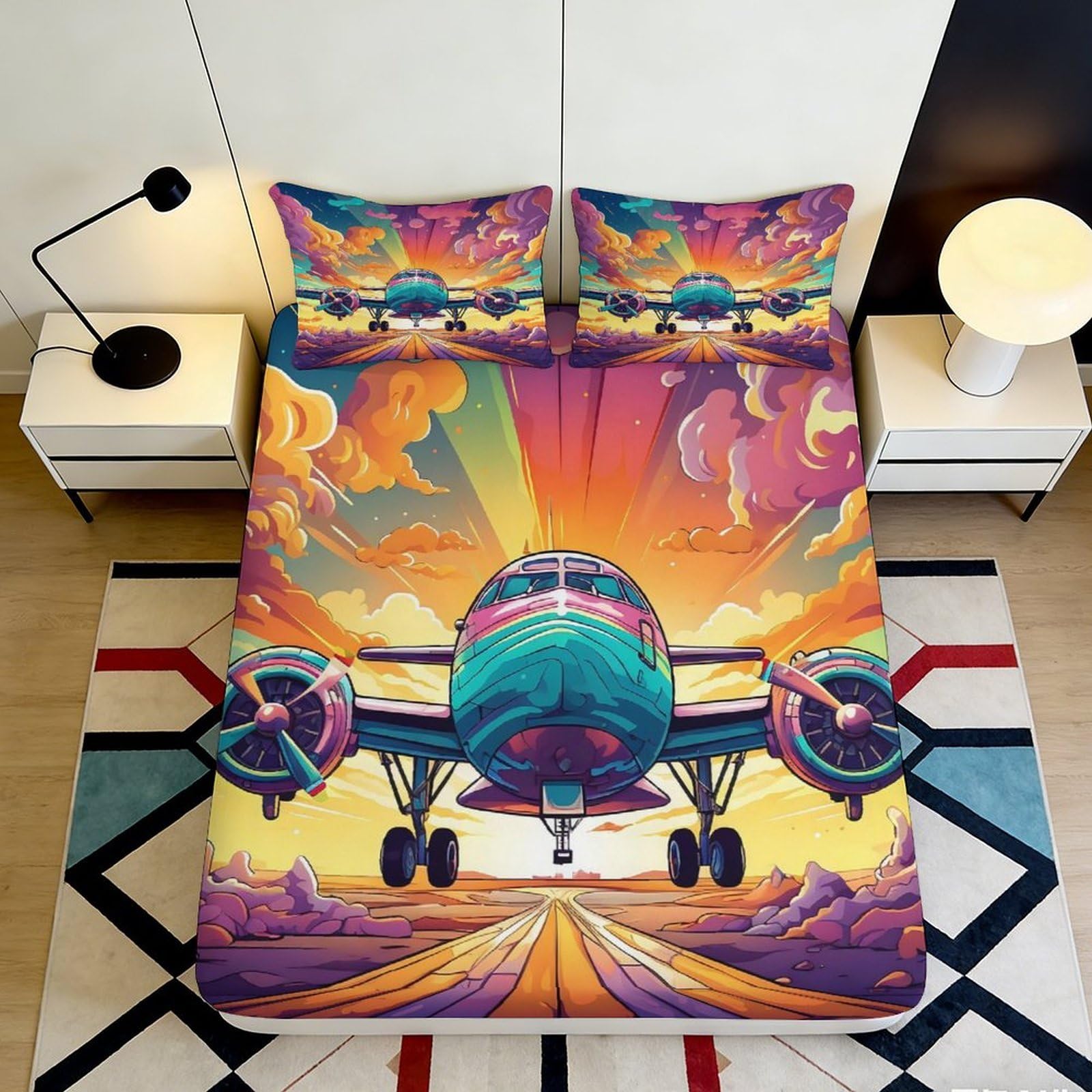 Jqzkxnhpbr Style-4 3D Printed Sunset Airplane Fitted Sheet Microfiber Soft Colorful Runway Bed Cover For Bedroom Guest Room Decor 90X200x25cm