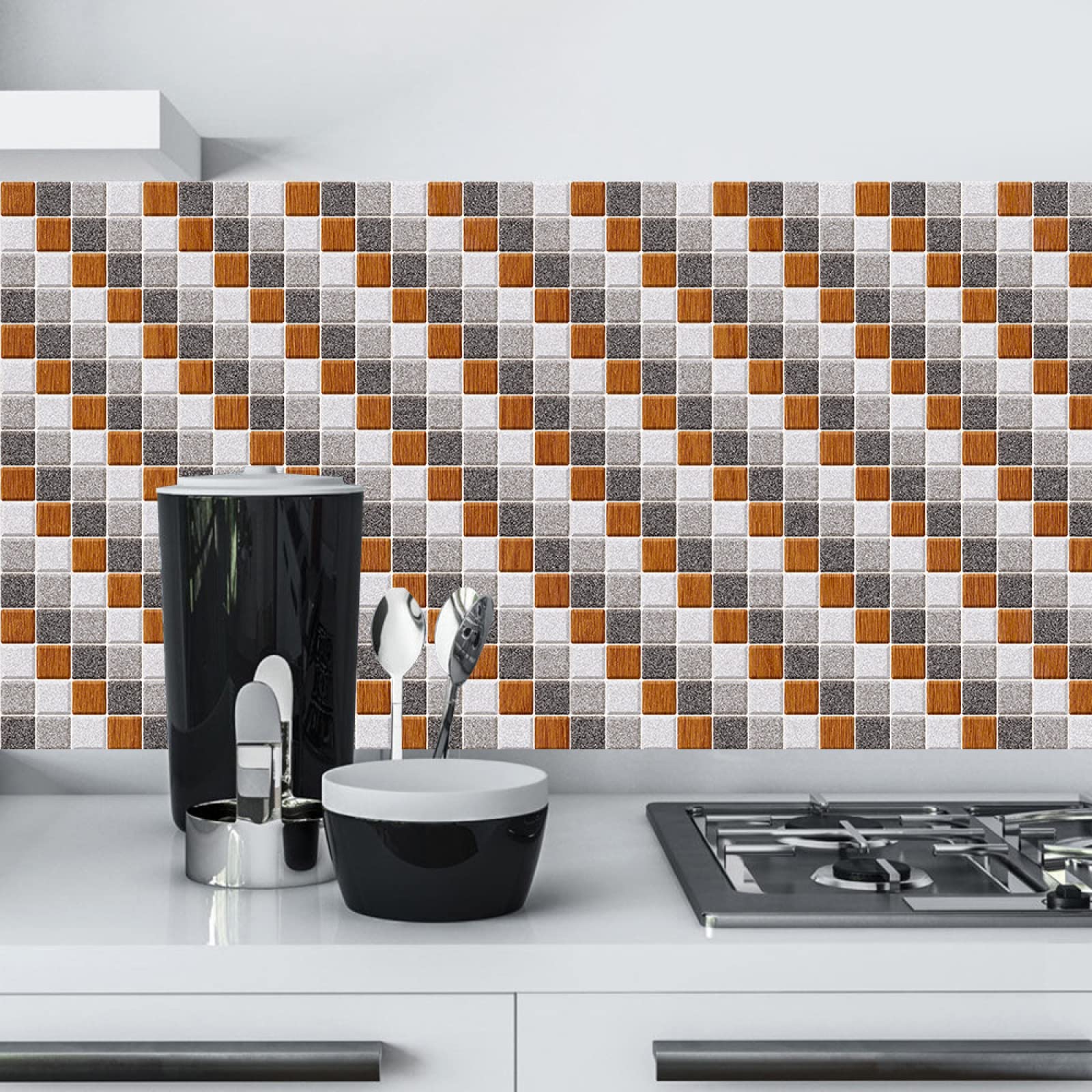 Stick on Tiles Mosaic Gray Orange Tile Stickers for Bathroom Kitchen Backsplash Waterproof Tile Covers for Fireplace Surround Cabinet Furniture Stick on Kitchen Tiles 20x20 cm/10 pcs