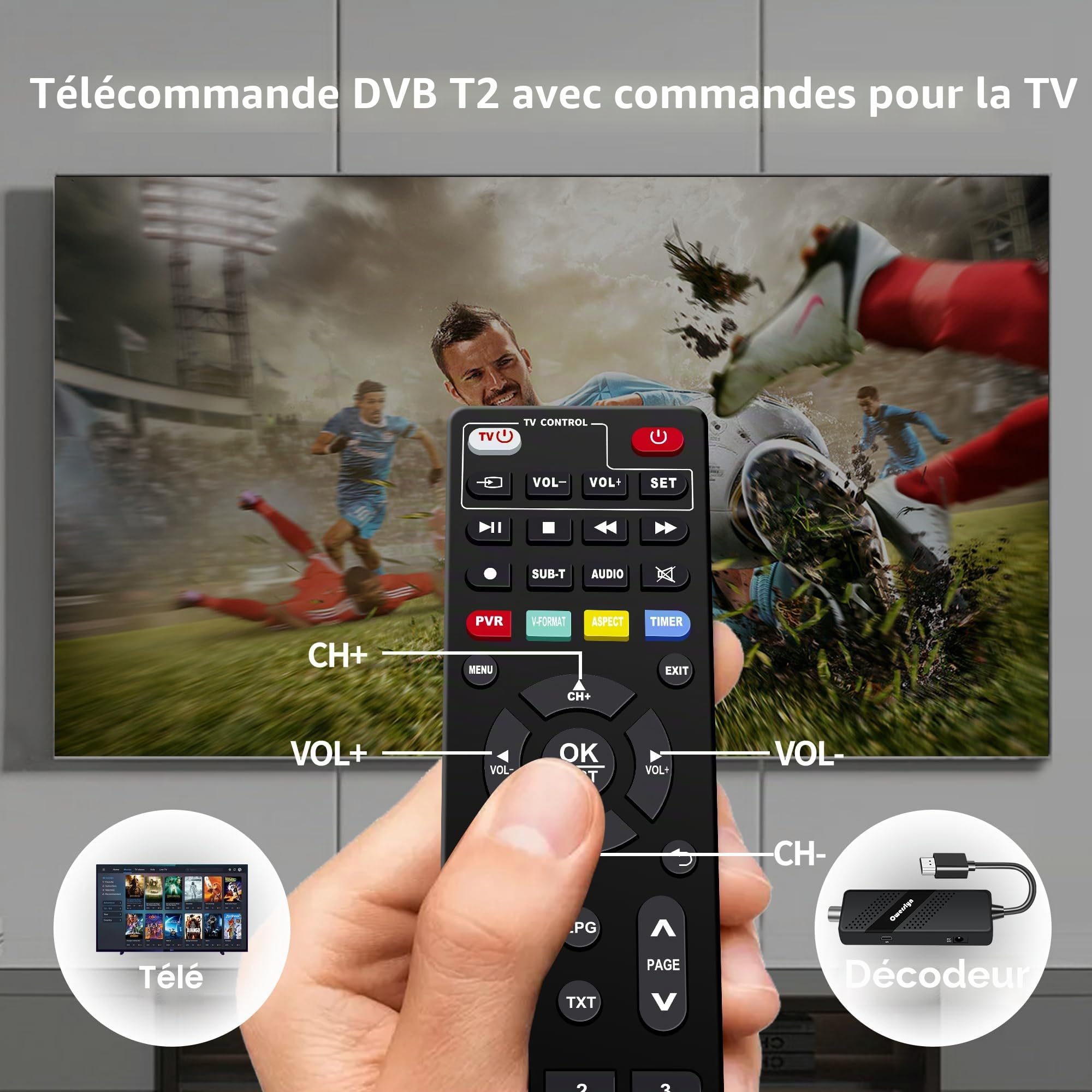 Décodeur TNT Full HD DVB-T2 OWERSLYN HEVC H265 1080P HDMI PVR Télécommande Infrarouge