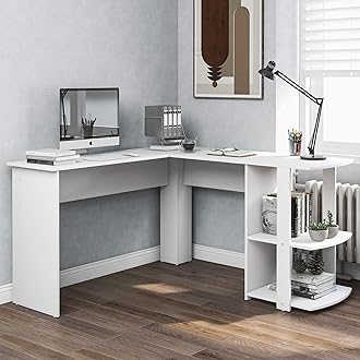 Merax Corner Desk Office Desk Gaming Desk Large Computer Desk PC Laptop Study Workstation Multi-Function Desk for Working, Studying, Computer Using,Playing Games with 2 Storage/Book Shelves White