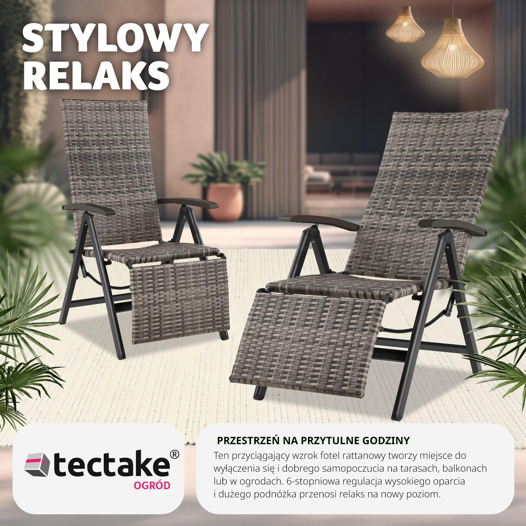 tectake®, Składany Fotel Ogrodowy, Rattanowe Krzesło Relaksacyjne, Regulacja Oparcia, Podnóżek, Plecionka UV, Aluminium, Antypoślizgowe Nóżki, Leżak Plażowy, Balkonowy, Na Taras (Szary)
