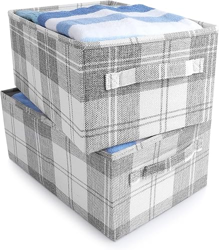 ANMINY Juego de 2 contenedores de almacenamiento plegables de lino y algodón, con asas, tablero de plástico PP lavable, patrón a cuadros, ANMINY Juego de 2 contenedores de almacenamiento plegables de lino y algodón, con asas, tablero de plástico PP lavable, patrón a cuadros,