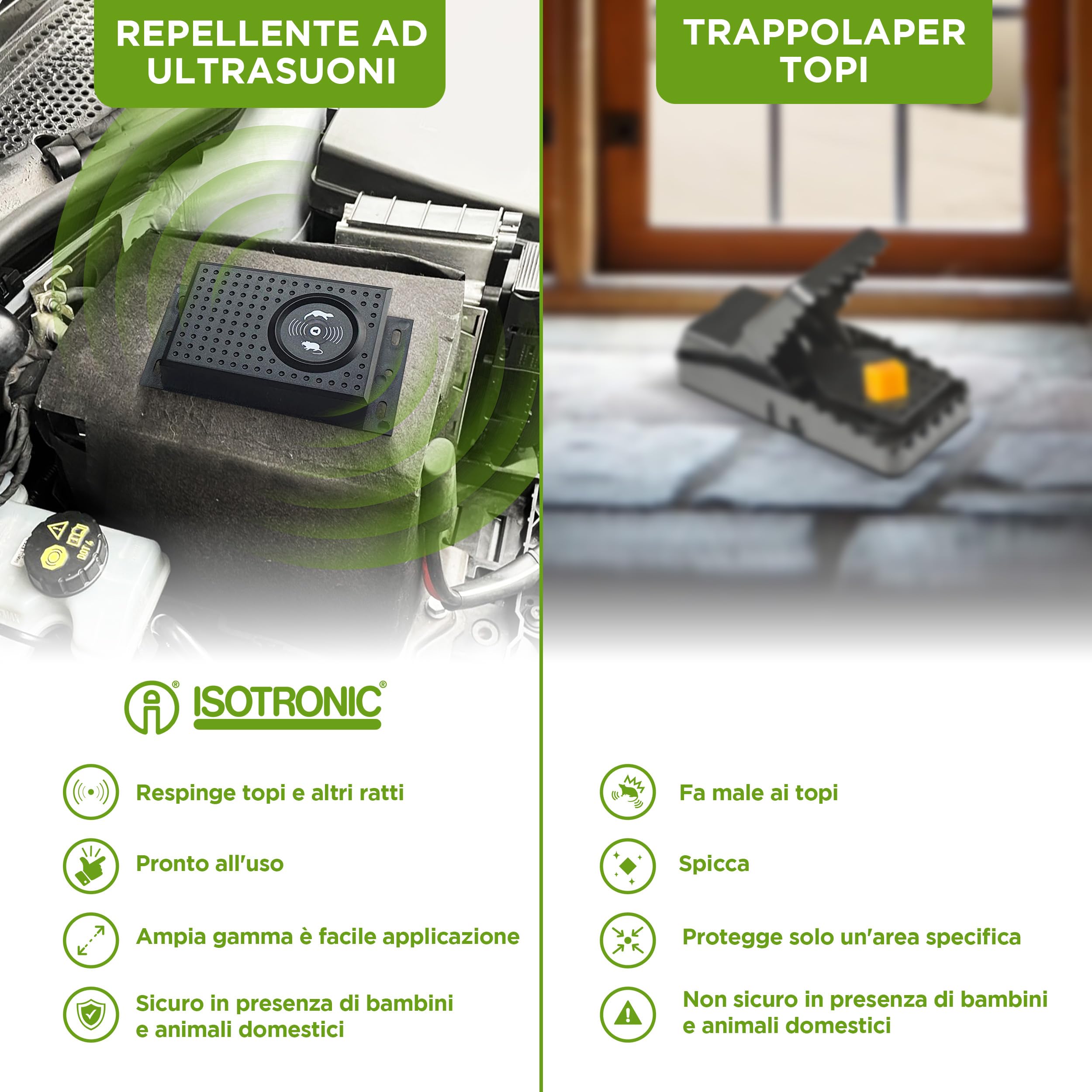 ISOTRONIC repellente martore luce LED ultrasuoni batteria auto soffitta garage casa protezione topi ratti ghiri 2 pezzi efficace interno esterno difesa dissuasore stop parassiti mobile sicurezza