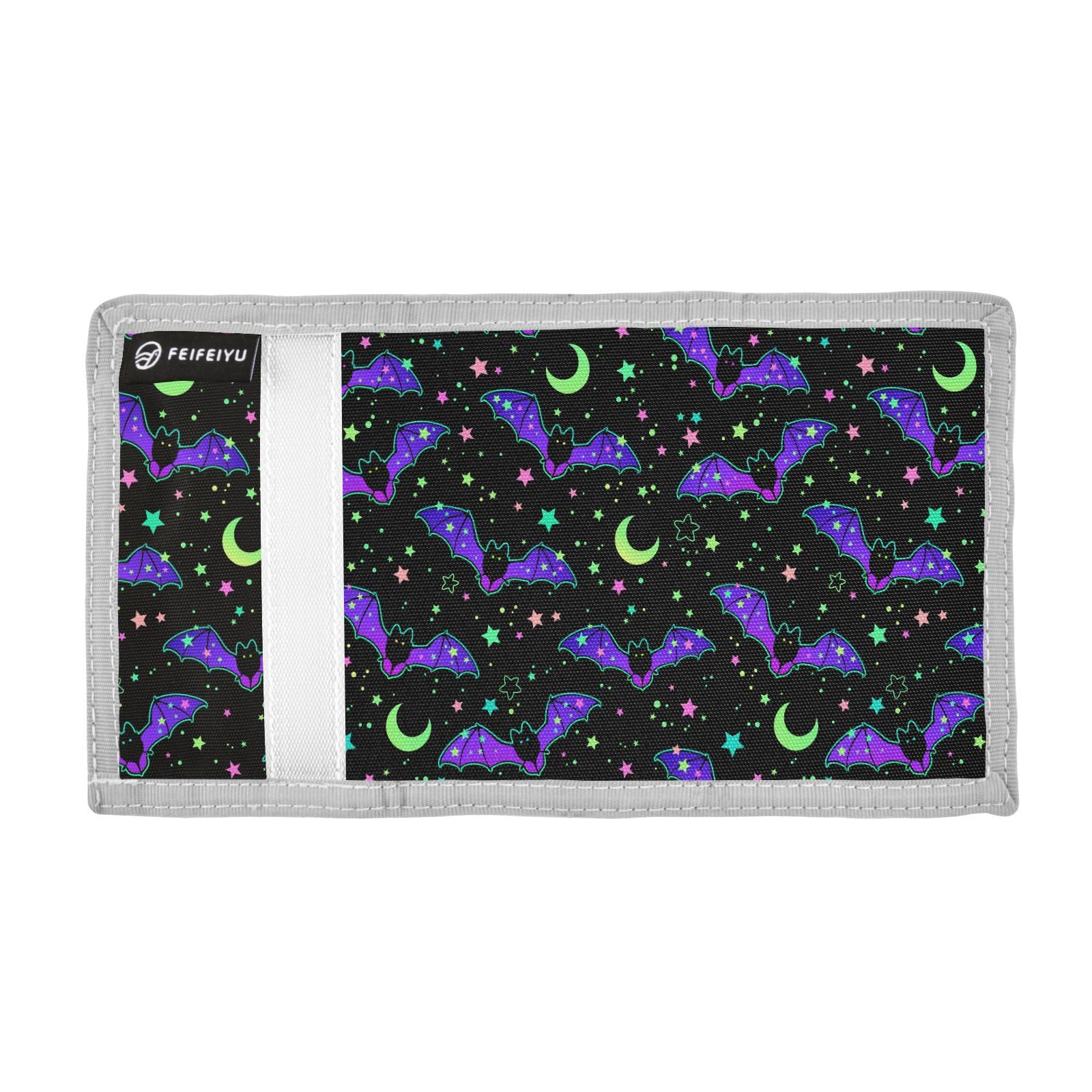 JHKKU Halloween Bats Moon Kids Wallet for Boys Girls, Teen Canvas Trifold Purse with Zipper Coin Pocket