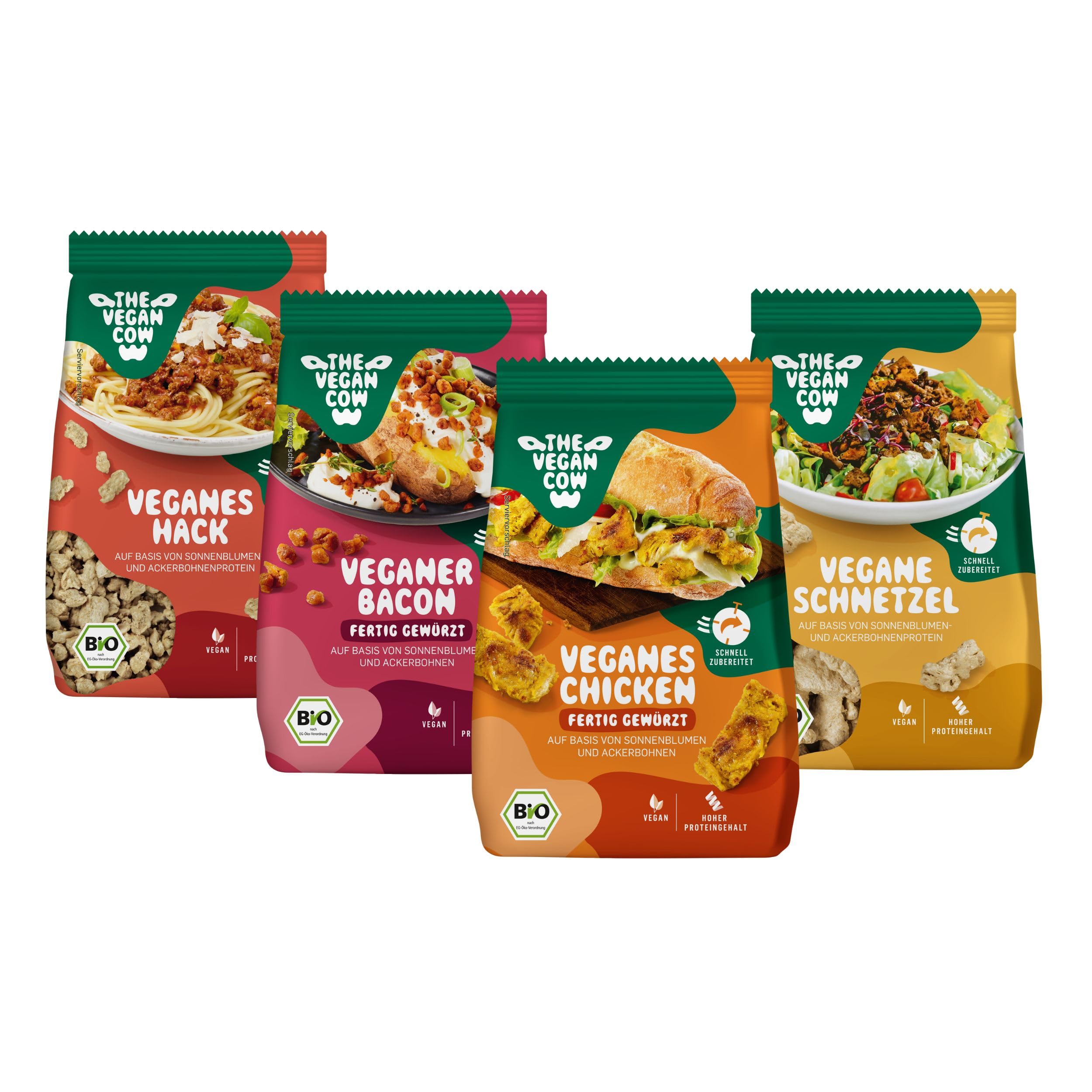 THE VEGAN COW - Probierpaket - je 75g I Veganes Hack I Veganes Schnetzel I Veganes Chicken I Veganer Bacon I Bio-Fleischersatz - doppelte Proteinquelle