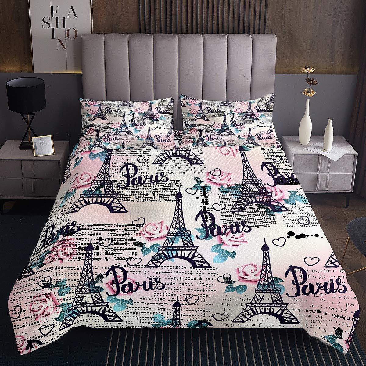Eiffel Tower Quilted Coverlet Chic Paris Theme Quilted Bedspread Coverlet Paris Cityscape Coverlet Set for Boys Girls Teens Old Newspaper Decor French Romantic Quilted Single With 1 Pillow Case