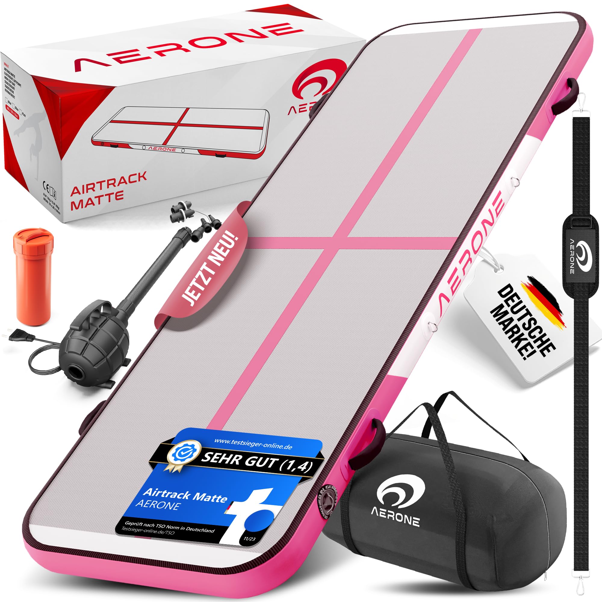 AERONE Airtrack Turnmatte Aufblasbar | Air Tracking Matte 5m [Zubehör Schultergurt Tragetasche Luftpumpe] Air Track für Turnen Gymnastik Zuhause Outdoor Pool | Pink