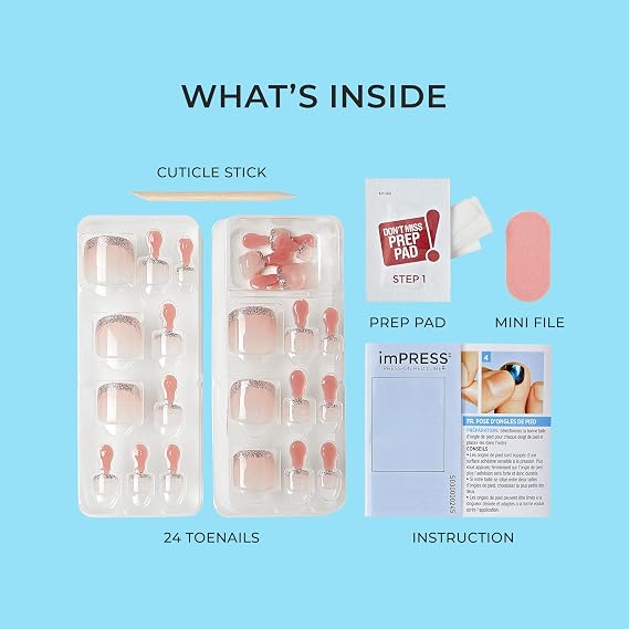 Kiss Impress No Glue Pedi Press-On Nails, Design,#39;Paradise Ticket', Light Beige, Short Size, Squoval Shape, Includes 24 Nails, Prep Pad, Instructions Sheet, 1 Manicure Stick, 1 Mini File