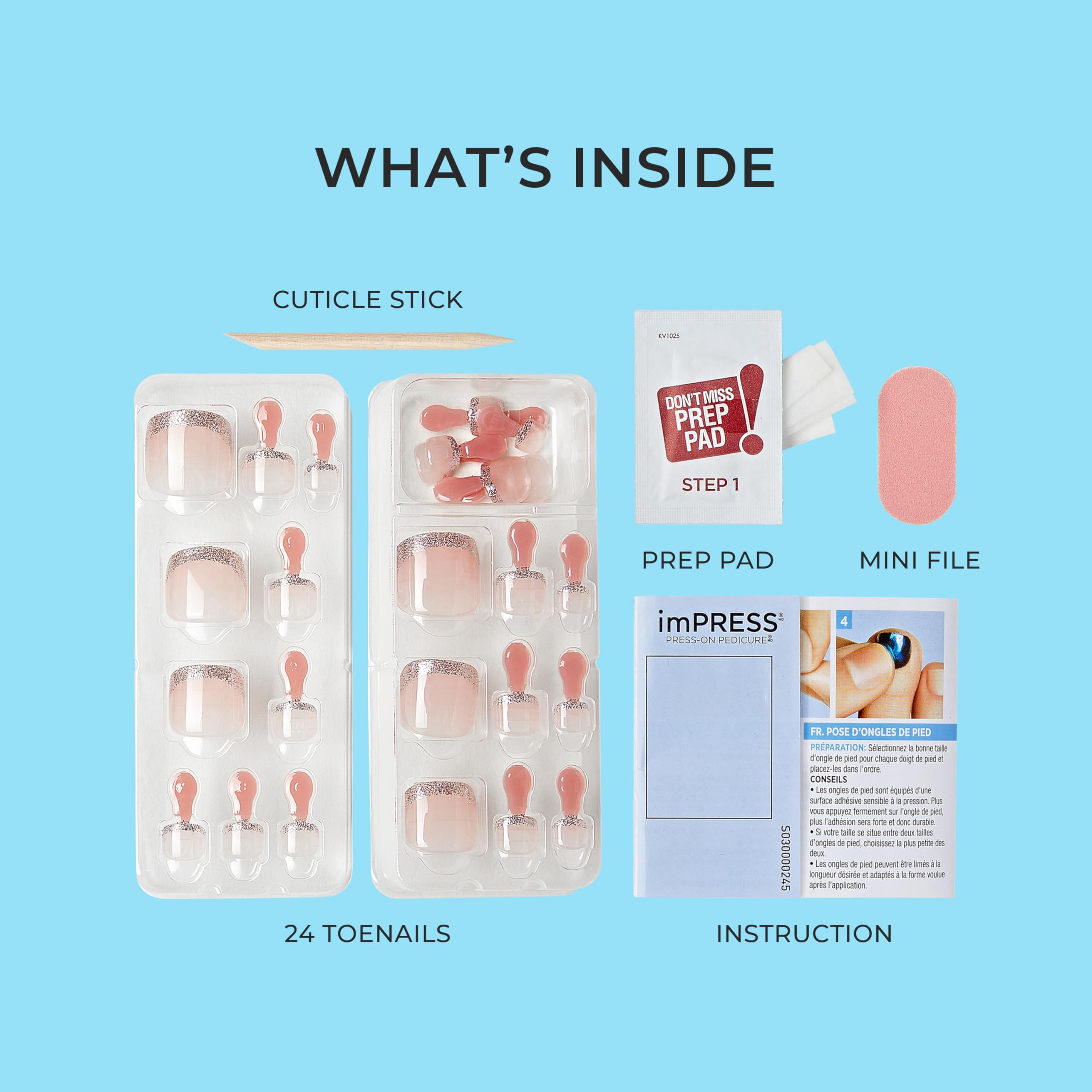 KISS imPRESS No Glue Pedi Press-On Nails, Design, 'Waterfalls', Light Beige, Short Size, Squoval Shape, Includes 24 Nails, Prep Pad, Instructions Sheet, 1 Manicure Stick, 1 Mini File