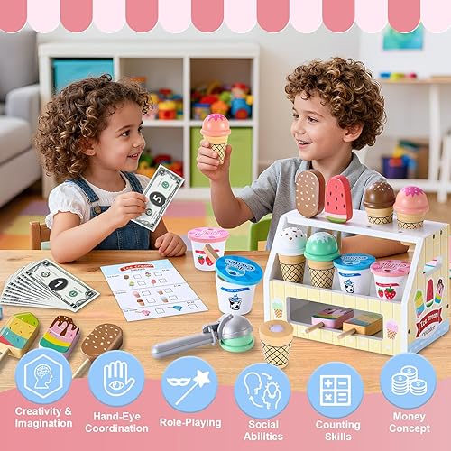 Miniatura 5 de Juguetes de helado de madera para niños, juguetes de cocina de juego de cocina, juego de mesa de tamaño pequeño para niños pequeños con cucharada,