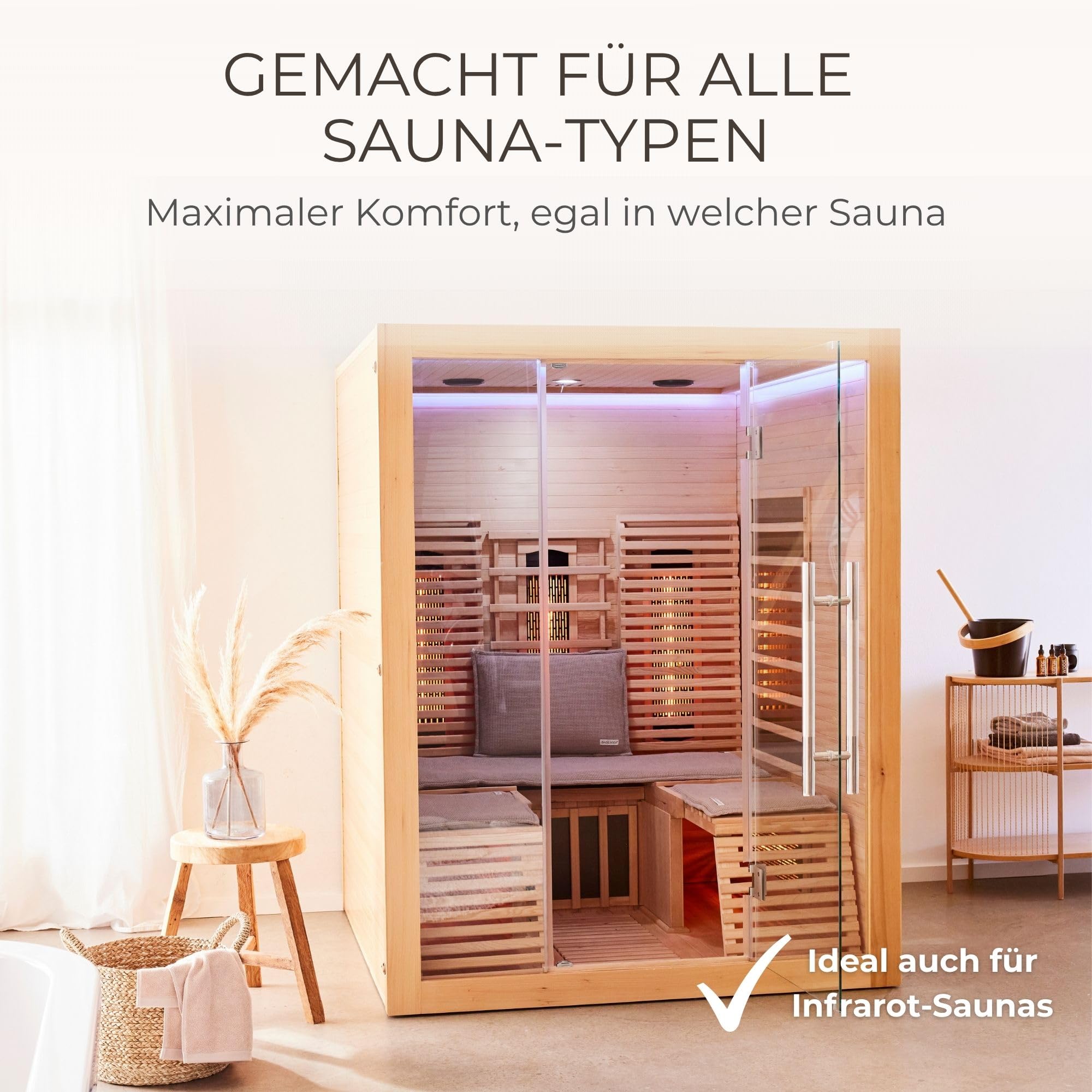 SAUNASOFA Set Long – Saunamatte zum Liegen mit Kissen – Sauna-Auflage für Infrarot & klassische Sauna – Schadstofffrei, waschbar & handgefertigt in Europa – Sauna-Set in Grau