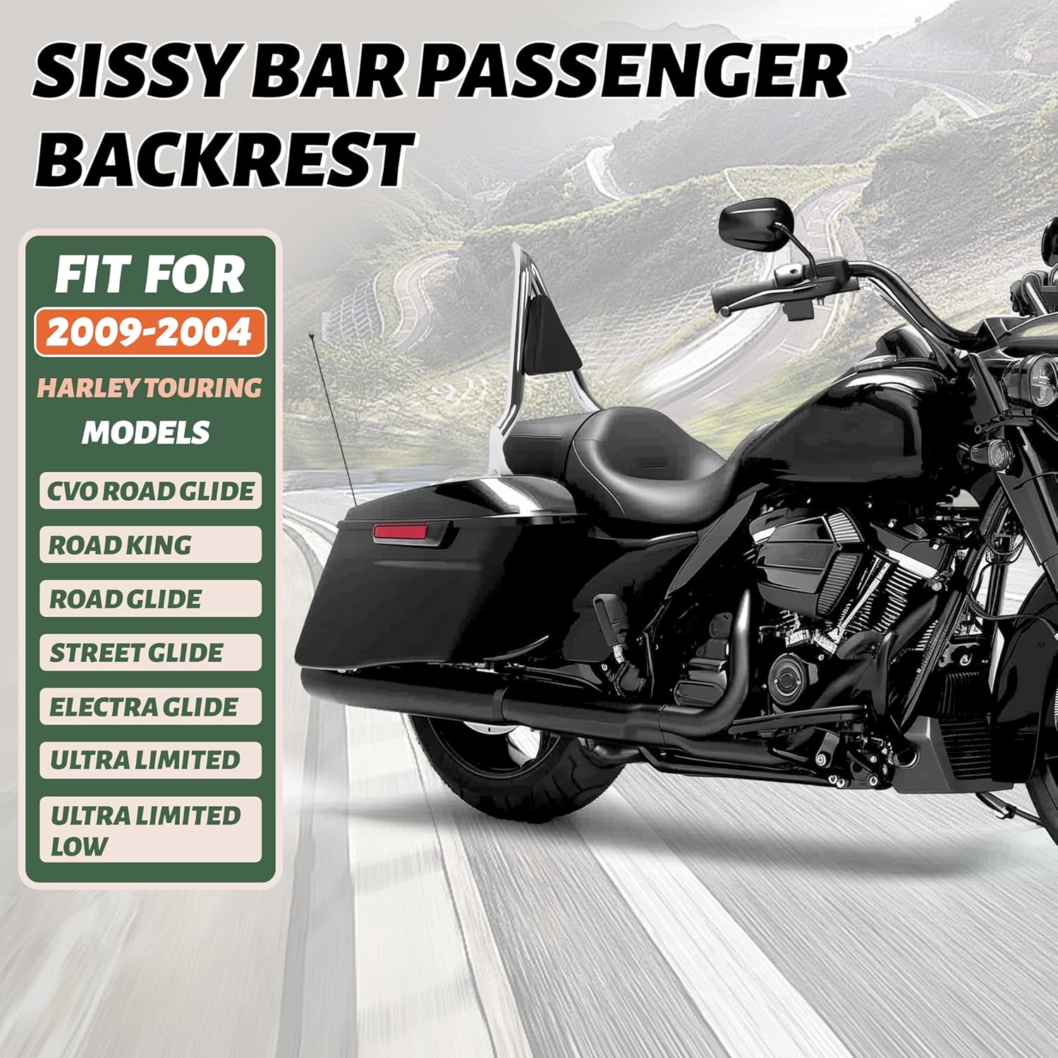 KUAFU Backrest Sissy Bar Compatible with 2009-2024 Harley Touring Road King Electra Glide CVO Street Glide Road Glide Ultra Limited Low Chrome+Electrophoresis Silvery+Black (22" Tall)