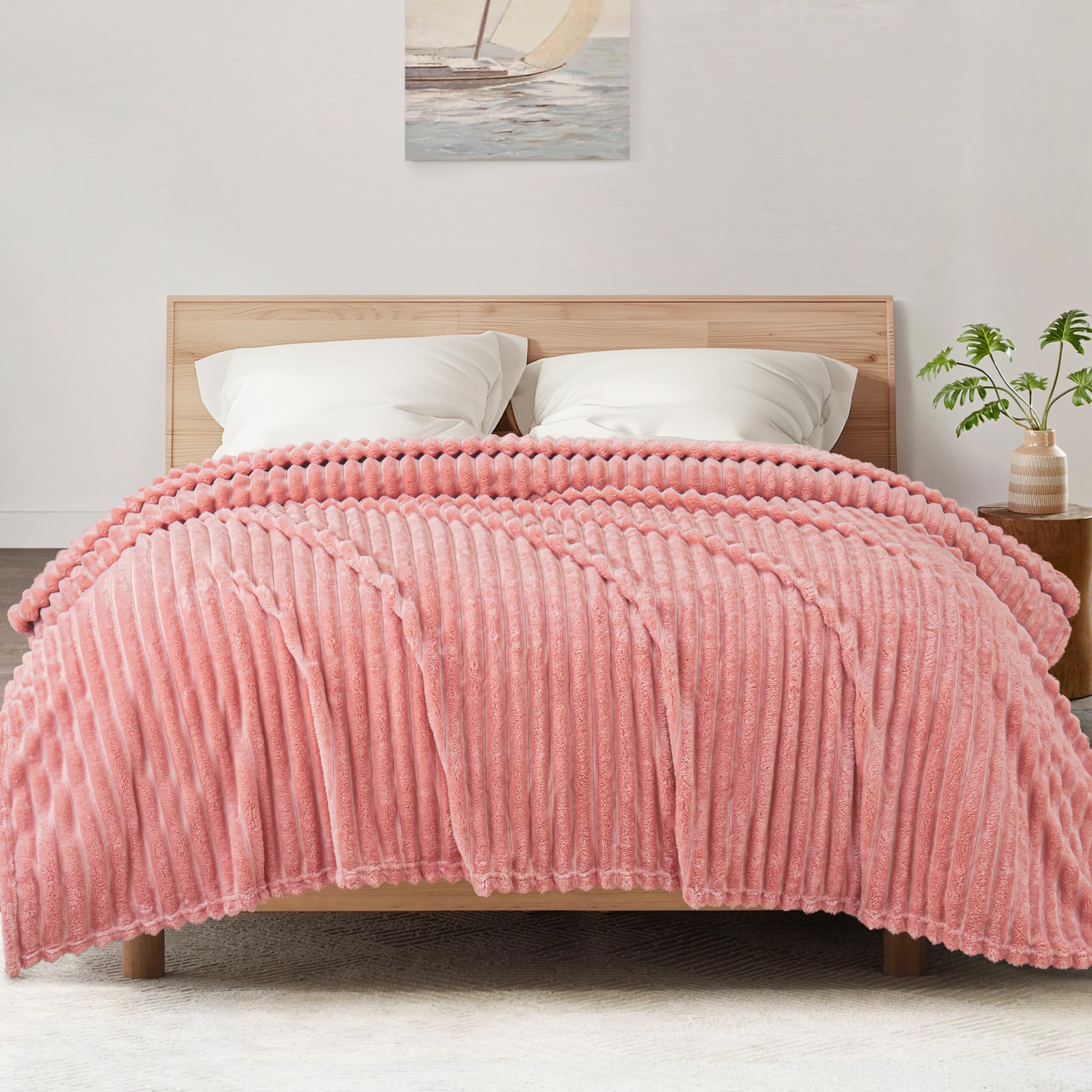 Exclusivo Mezcla Manta de Lana para sofá, Manta de Cama Supersuave en Jacquard de Rayas, Ligera y acogedora para Todas Las Estaciones, 150 x 200 cm, Rosa