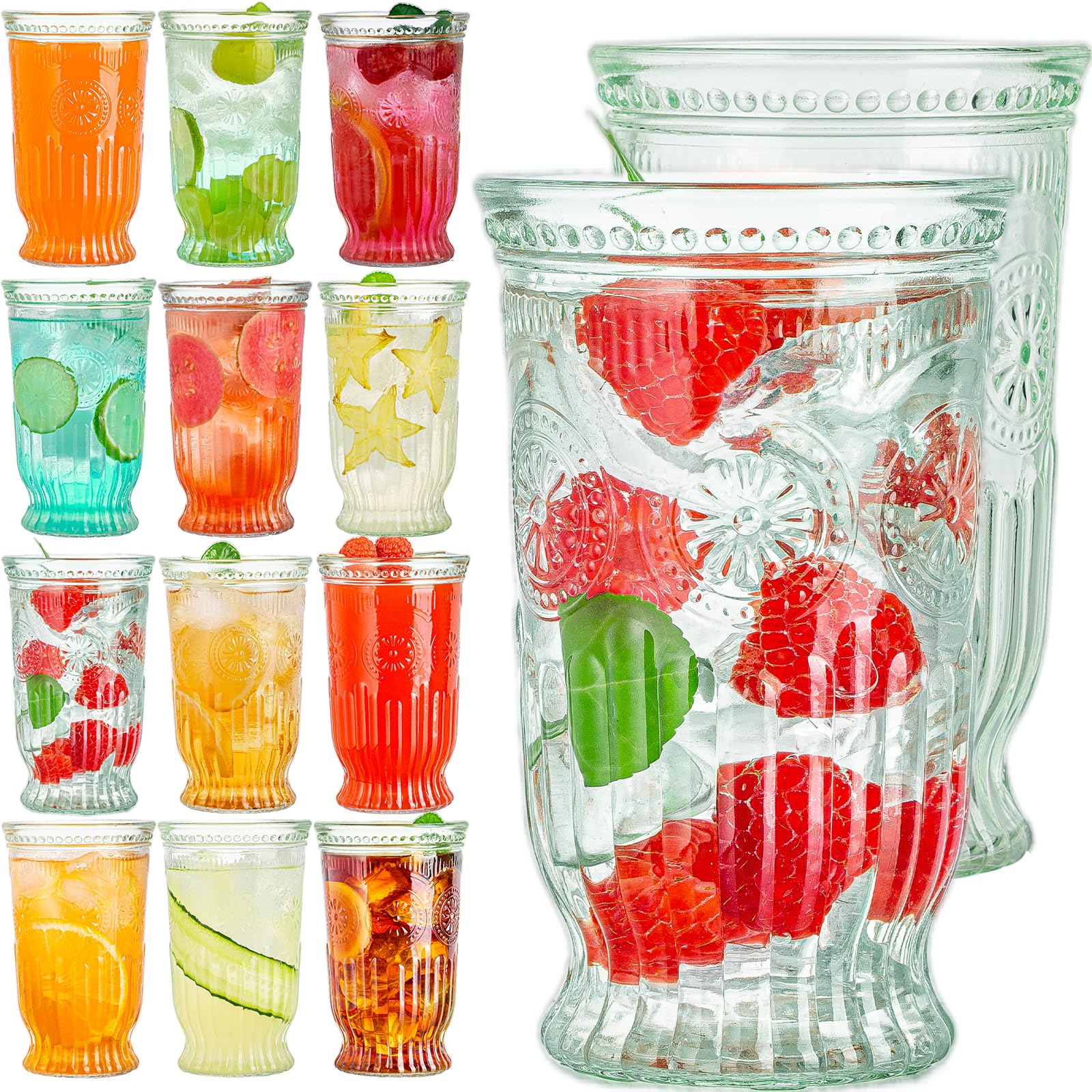 VasoArte Drinking Glasses, 12 pcs Embossed Designed Highball Glasses, 16oz Glass Cups, Tall Water Tumbler, Ribbed Glassware Set, Mojito Cups, Cocktail