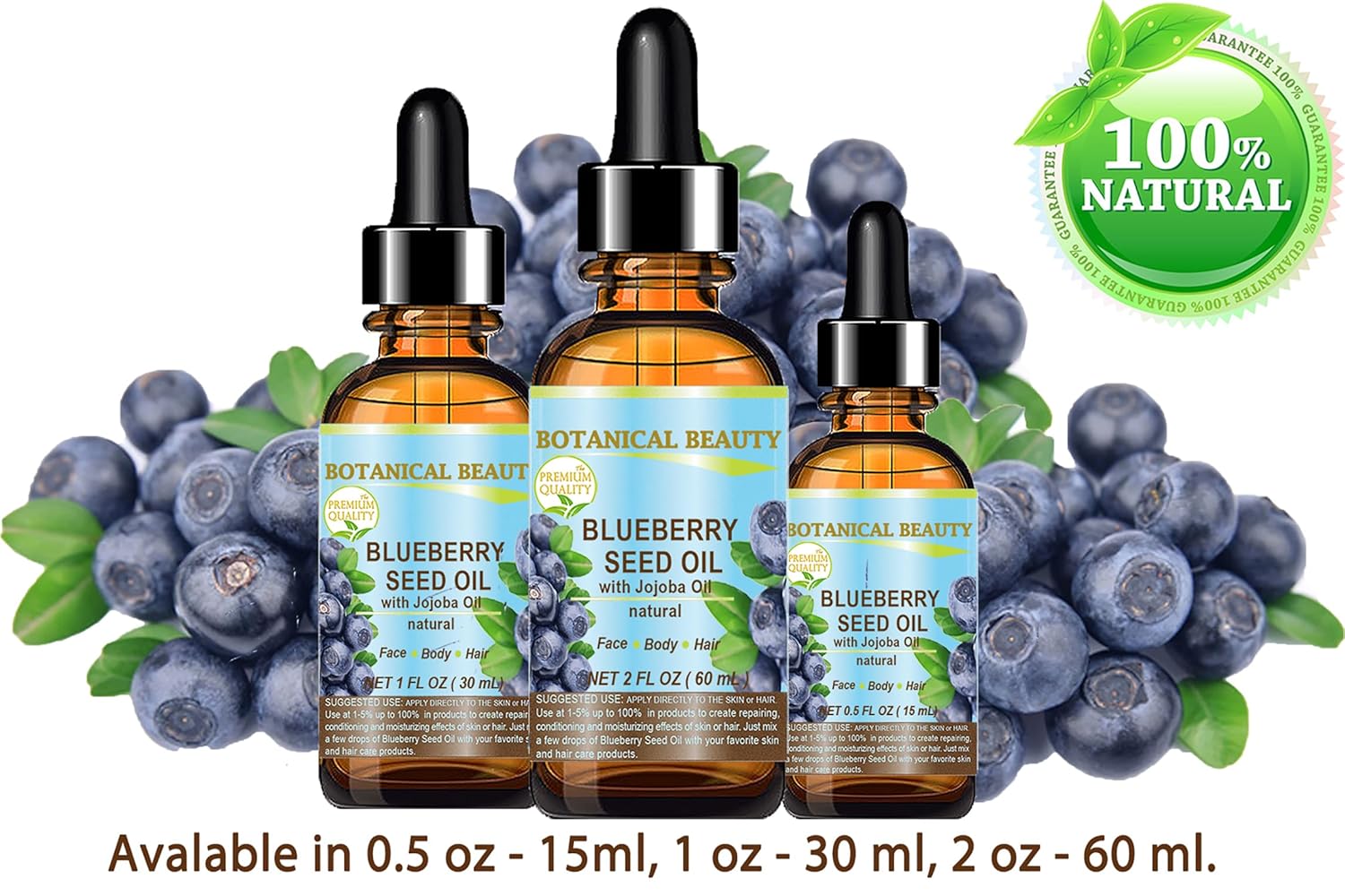 Botanical Beauty BLUEBERRY SEED OIL Virgin Unrefined Cold-Pressed Carrier Oil 4 Fl.oz.- 120 ml for Face, Dry Skin, Body, Hair, Nails, Anti-Aging Moisturizer