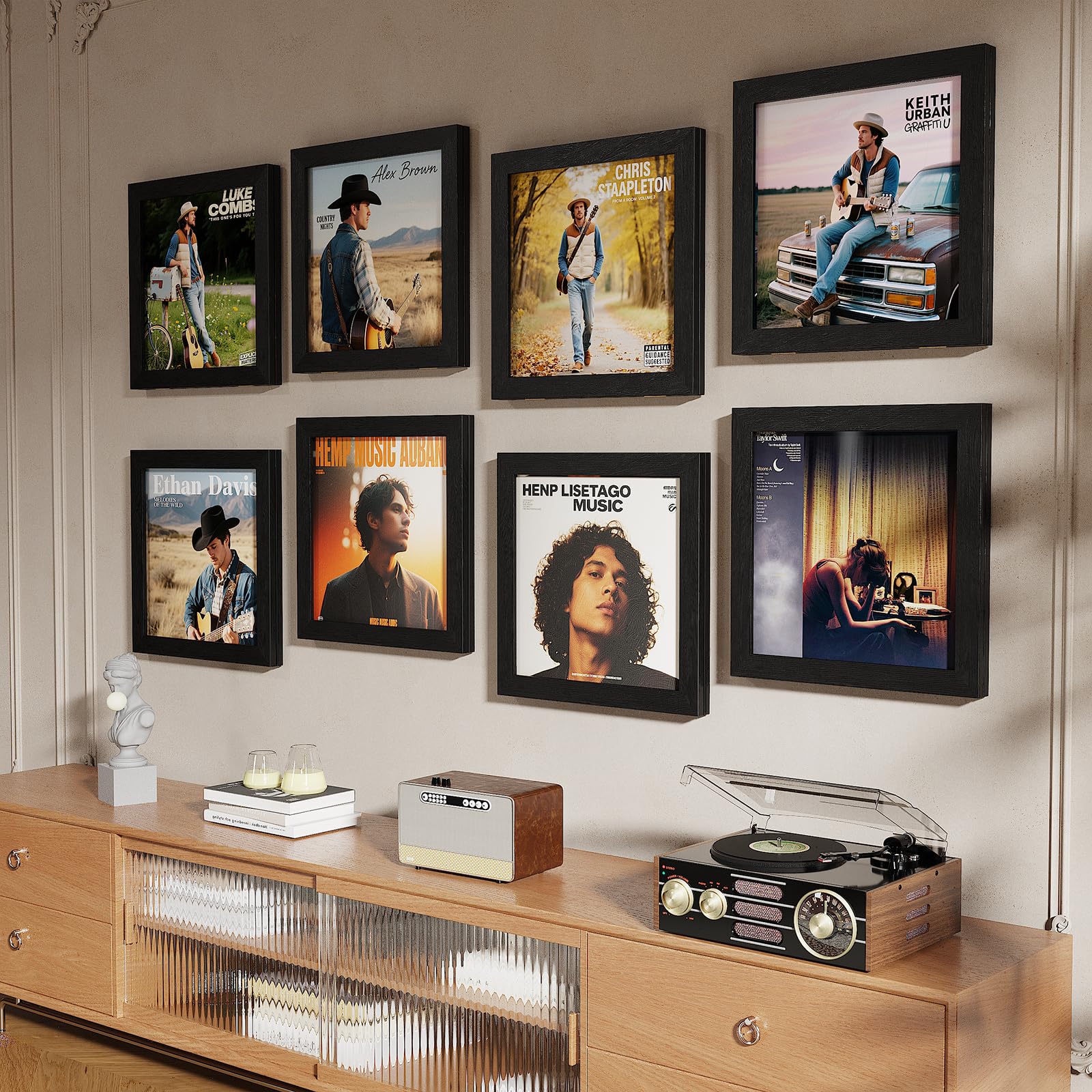 2 Pièces Meuble Vinyle, Ouverture sur le Mur Avant, Bois Cadre Photo Vinyle pour Présenter les Disques Poster, pour Exposer les Pochettes de Disques Vinyles 12x12 (Noir Mince)