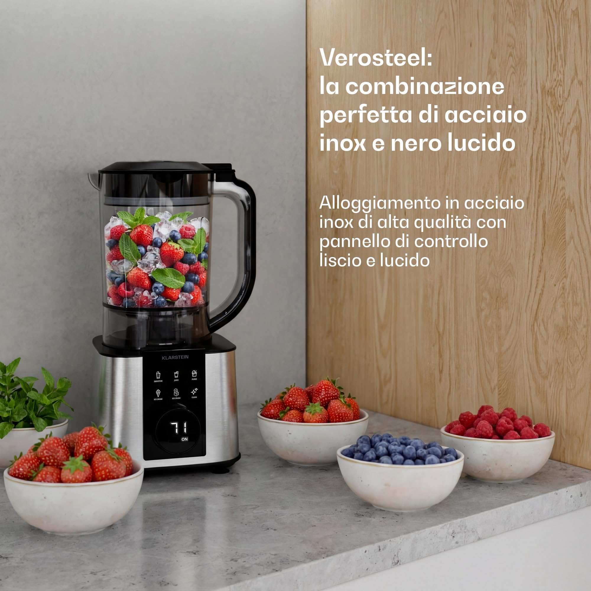 Klarstein Verosteel Robot da Cucina con Frullatore - Robot da cucina multifunzione da 1200 W, ciotola da 2 L, frullatore da 1,75 L, 10 velocità, 6 programmi, spremiagrumi e tritacarne