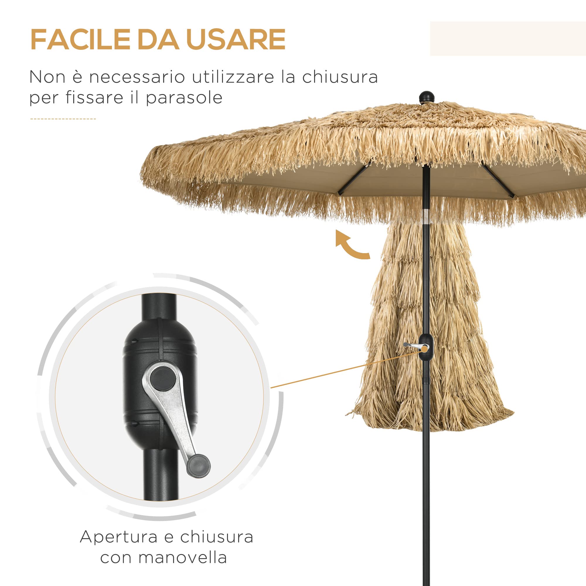 Outsunny Ombrellone da Giardino 2.6x2.6m Inclinabile con Manovella Cachi | Reclinabile, Ombrellone da Esterno Rotondo Hawaiano, 8 Stecche, Alluminio e Poliestere, per Cortile Balcone Terrazzo