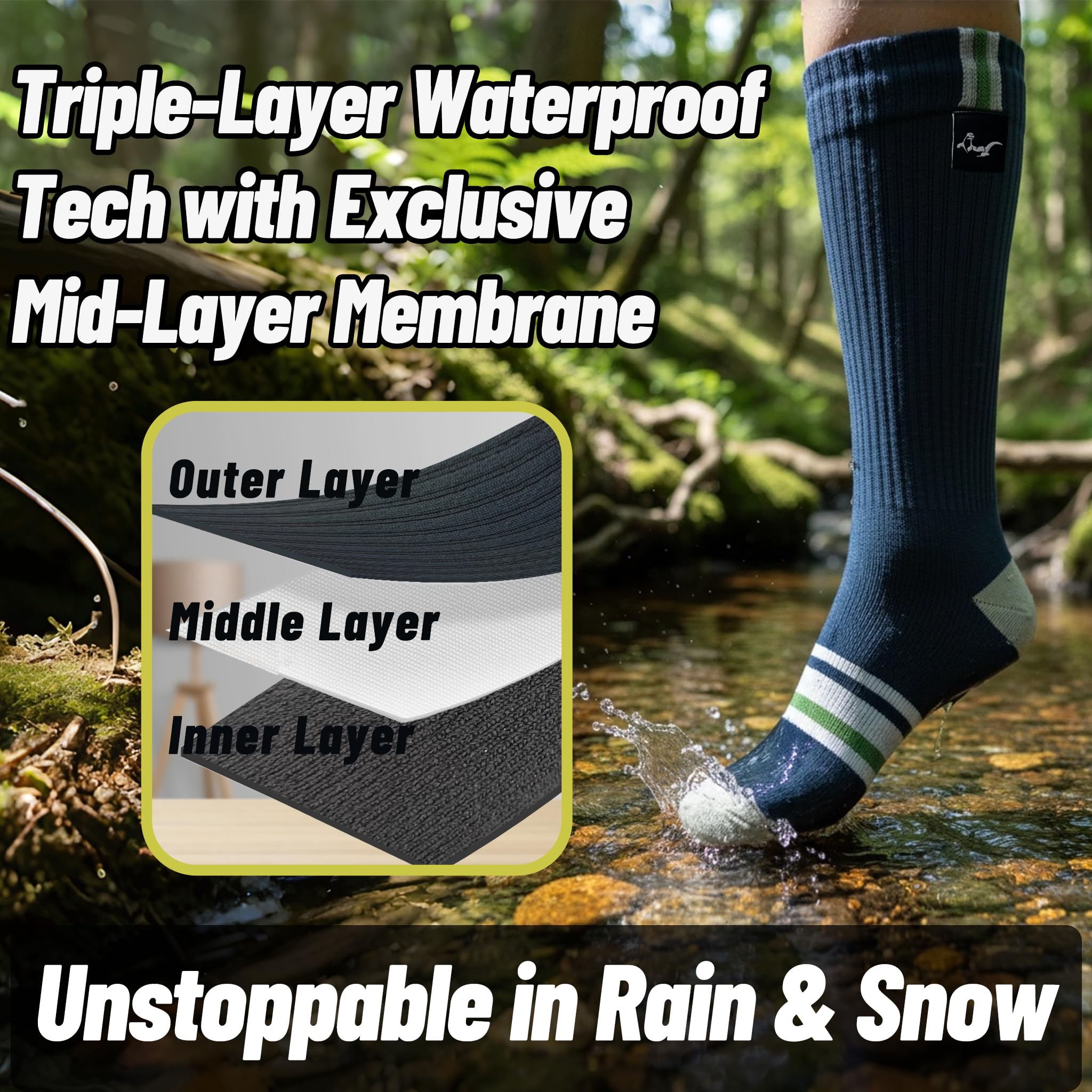 OTTERSHELL Chaussettes mi-mollet imperméables pour aventures en plein air - Chaussettes thermiques mi-mollet pour randonnée, trekking, camping, pêche, kayak, chasse, sports de neige