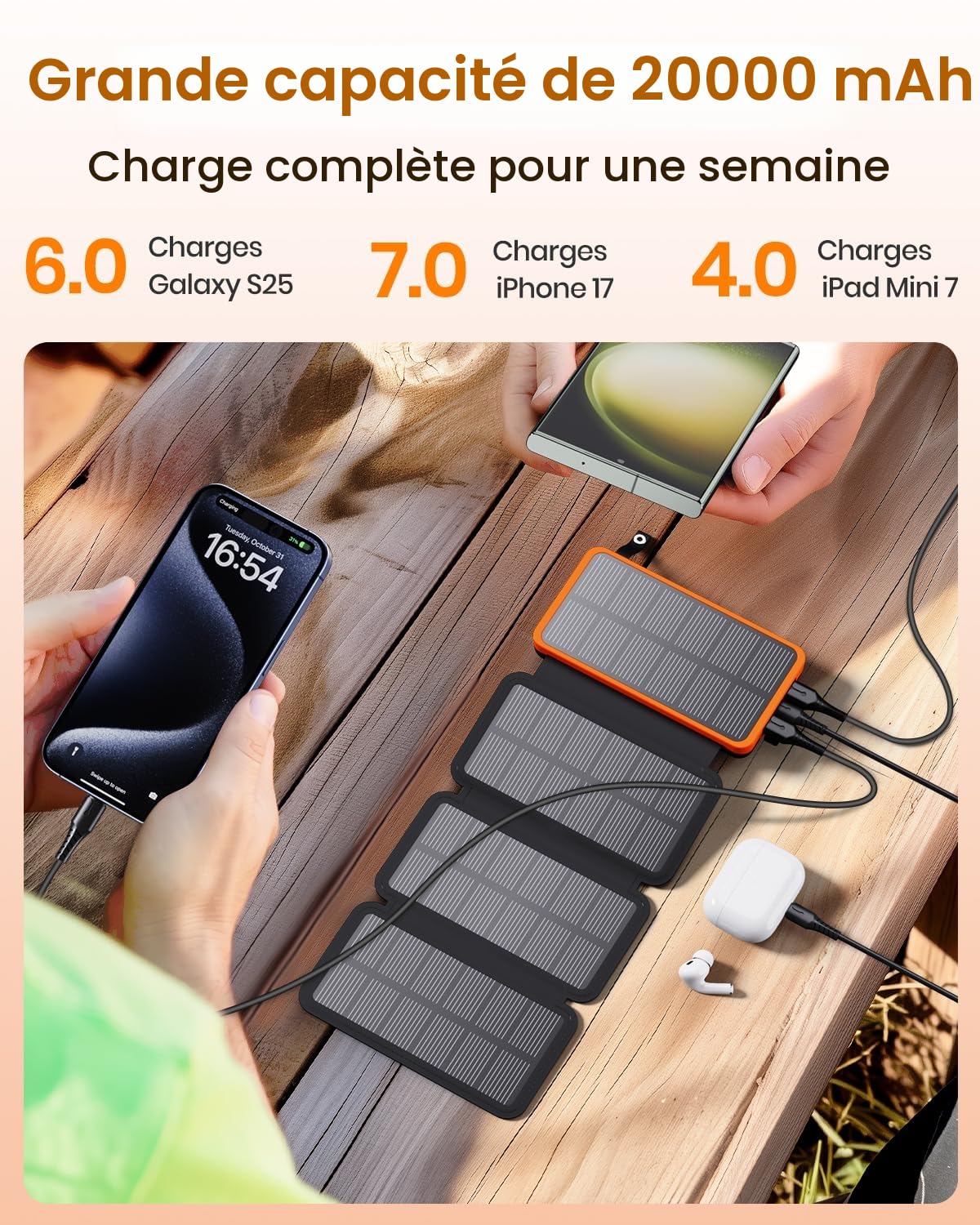 FEELLE Chargeur Solaire 25000mAh, Solaire Batterie Externe avec Double Sortie USB 3,0A et 4 Panneaux Solaires Pliables Chargeur Portable pour Smartphone, Tablette, Camping et Plus (Orange)