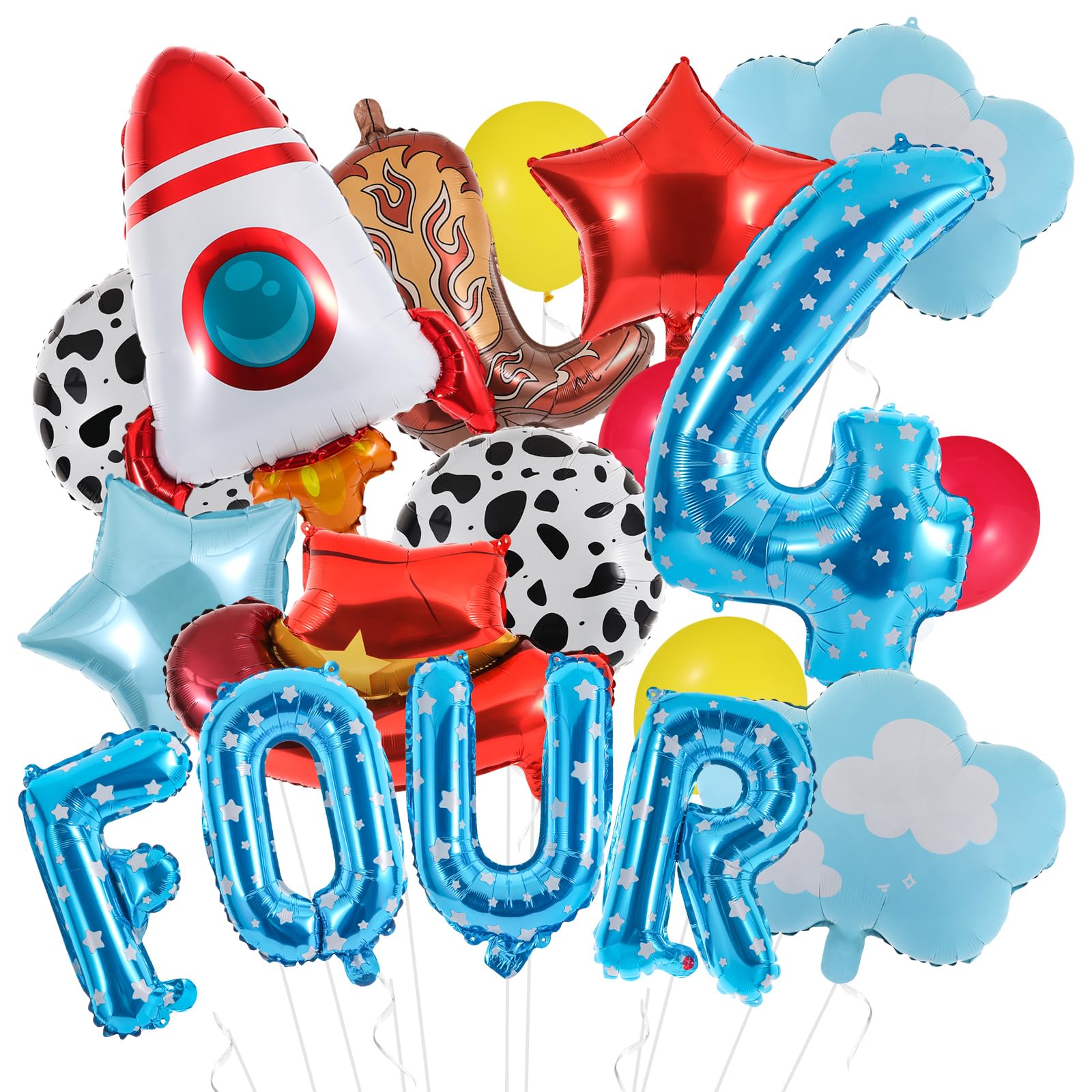 Photo 1 of 18Pcs Toy Themed Party Decorations Cartoon 4th Birthday Decorations Blue Sky White Clouds Cowboy Hat Boots Rocket Balloons Reach Four The Sky Toy Inspired Birthday Party Supplies