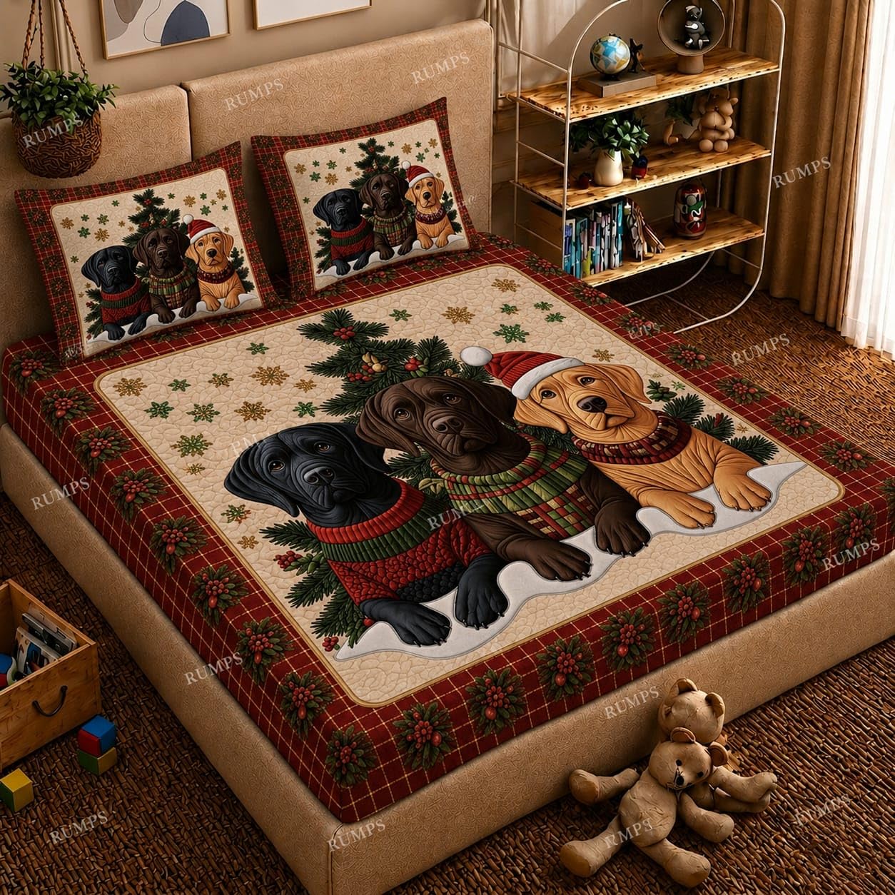 RUMPS 7D HD Digital Printed Christmas Dogs King Size Bedsheet with 2 Pillow Covers | Festive Pet Theme Bedding Set 90x100 Inch