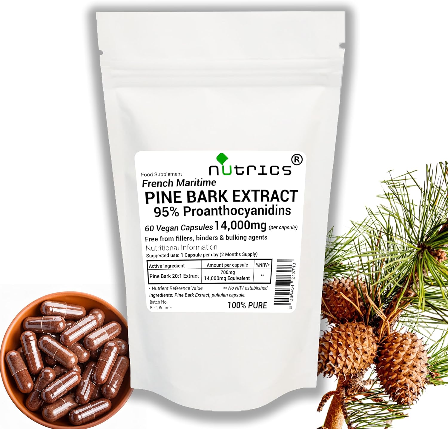 14,000mg (per Capsule) French Maritime Pine BARK Extract 95% Proanthocyanidins Pure 60 Vegan Capsules (2 Month Supply) Free from fillers Binders & Bulking Agents