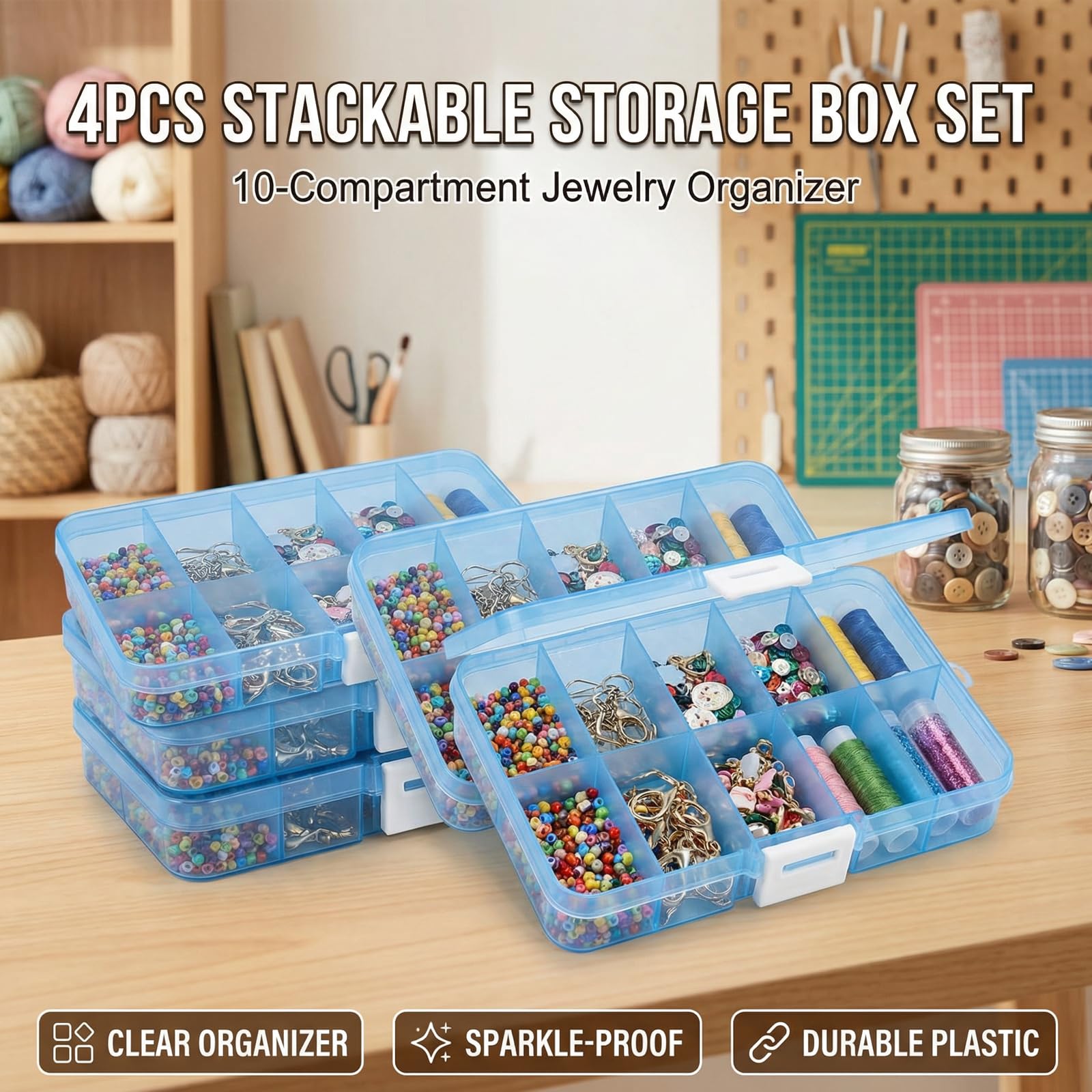 Set di 4 scatole di stoccaggio in plastica a 40 scomparti: contenitori impermeabili e impilabili per gioielli, artigianato, unghie e articoli da pesca. Supporto portaoggetti portatile (blu) - 3