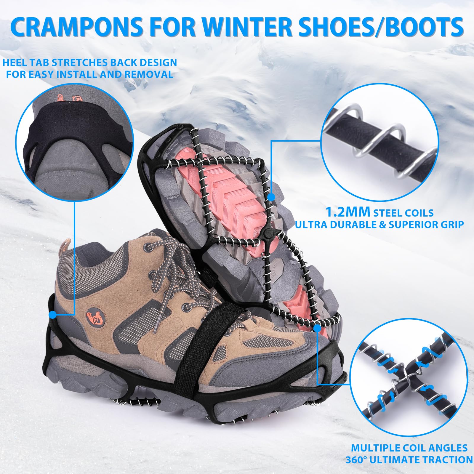 Sfee Tacchetti da ghiaccio per camminare su ghiaccio, neve, ramponi, trazione per scarpe/stivali, antiscivolo, portatili, flessibili, per camminare, arrampicata, escursionismo, pesca, corsa all'aperto
