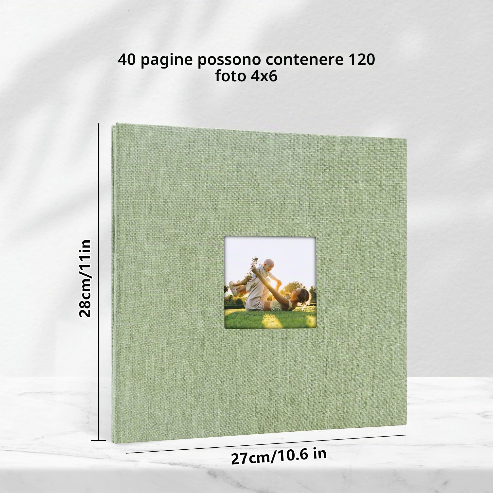 Album Fotografico Autoadesivo 28x27 cm, Scrapbook Fai da Te con 40 Pagine Bianche, Copertina in Lino, Album Foto per 10x15 13x18 20x25 cm, Regalo Famiglia Matrimonio Viaggi Erba Verde